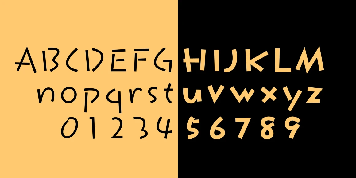 Komusubi font by P22 Type Foundry — the letters A through M in uppercase, n through z in lowercase, and the numbers 0 through 9, in a playful, hand-drawn sans-serif style split across a yellow and black background