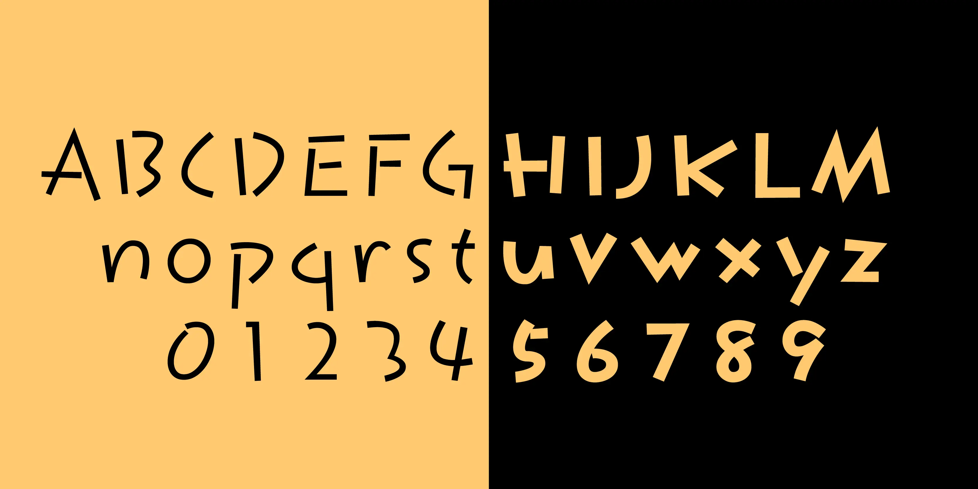 Komusubi font by P22 Type Foundry — the letters A through M in uppercase, n through z in lowercase, and the numbers 0 through 9, in a playful, hand-drawn sans-serif style split across a yellow and black background