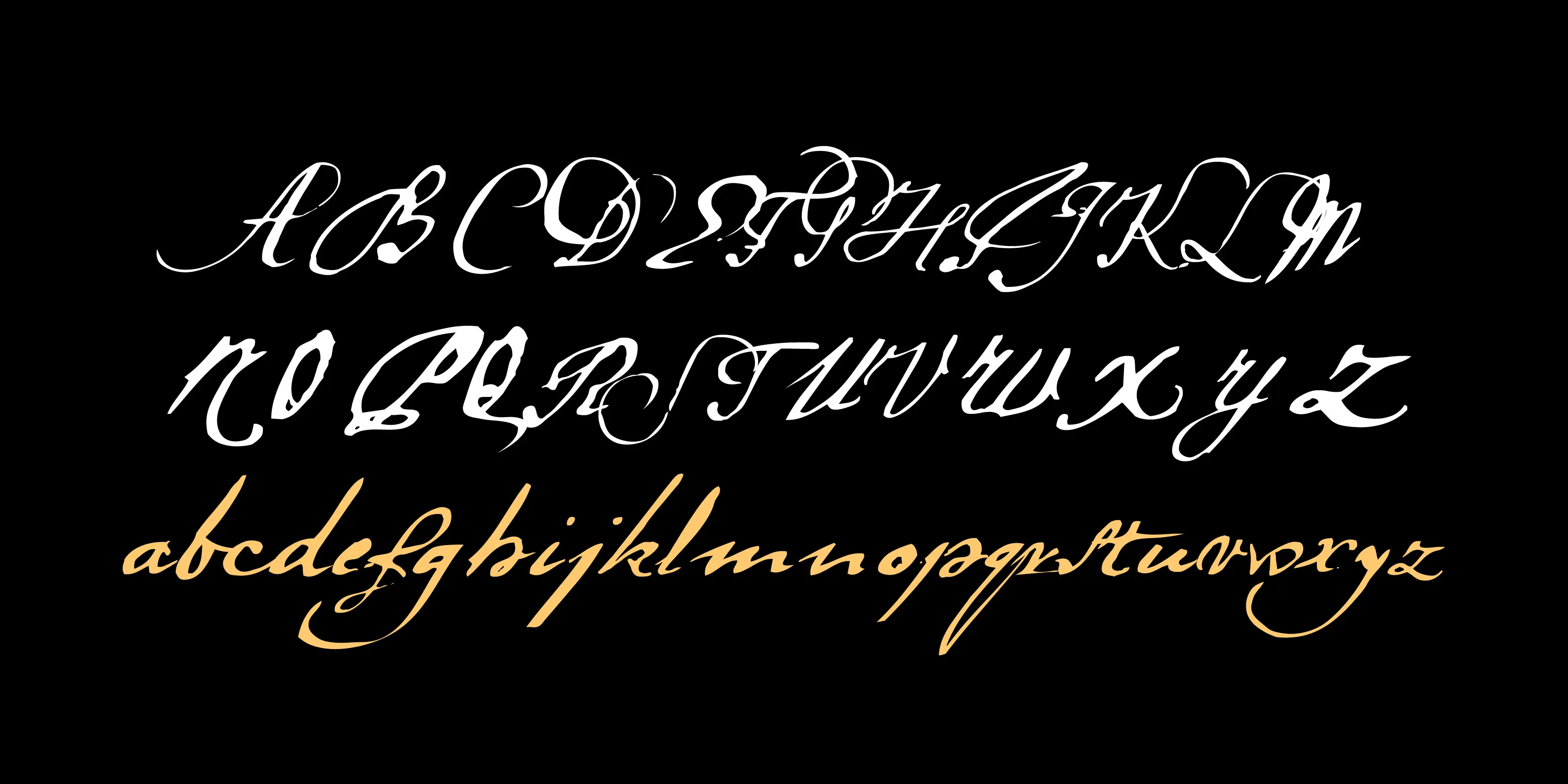 LaDanse font by P22 Type Foundry — the uppercase alphabet from A to Z in a white, highly decorative script with historical flourishes, above the lowercase alphabet from a to z in a similar light orange script, all set against a black background