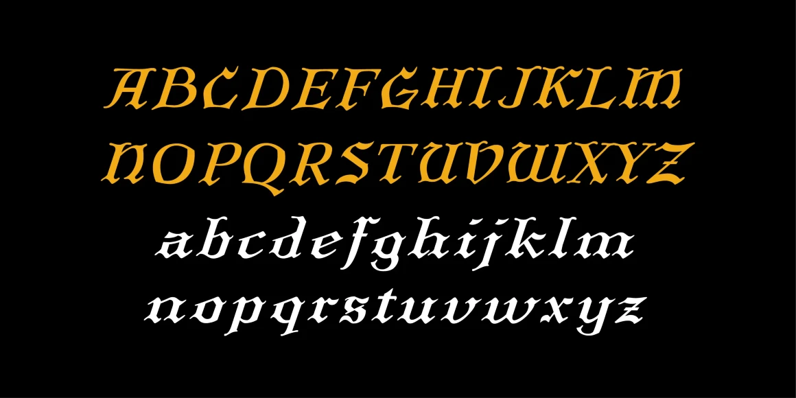 Larkin font by P22 Type Foundry — the uppercase alphabet in orange and the lowercase alphabet in white, set in an italicized blackletter-influenced serif typeface on a black background