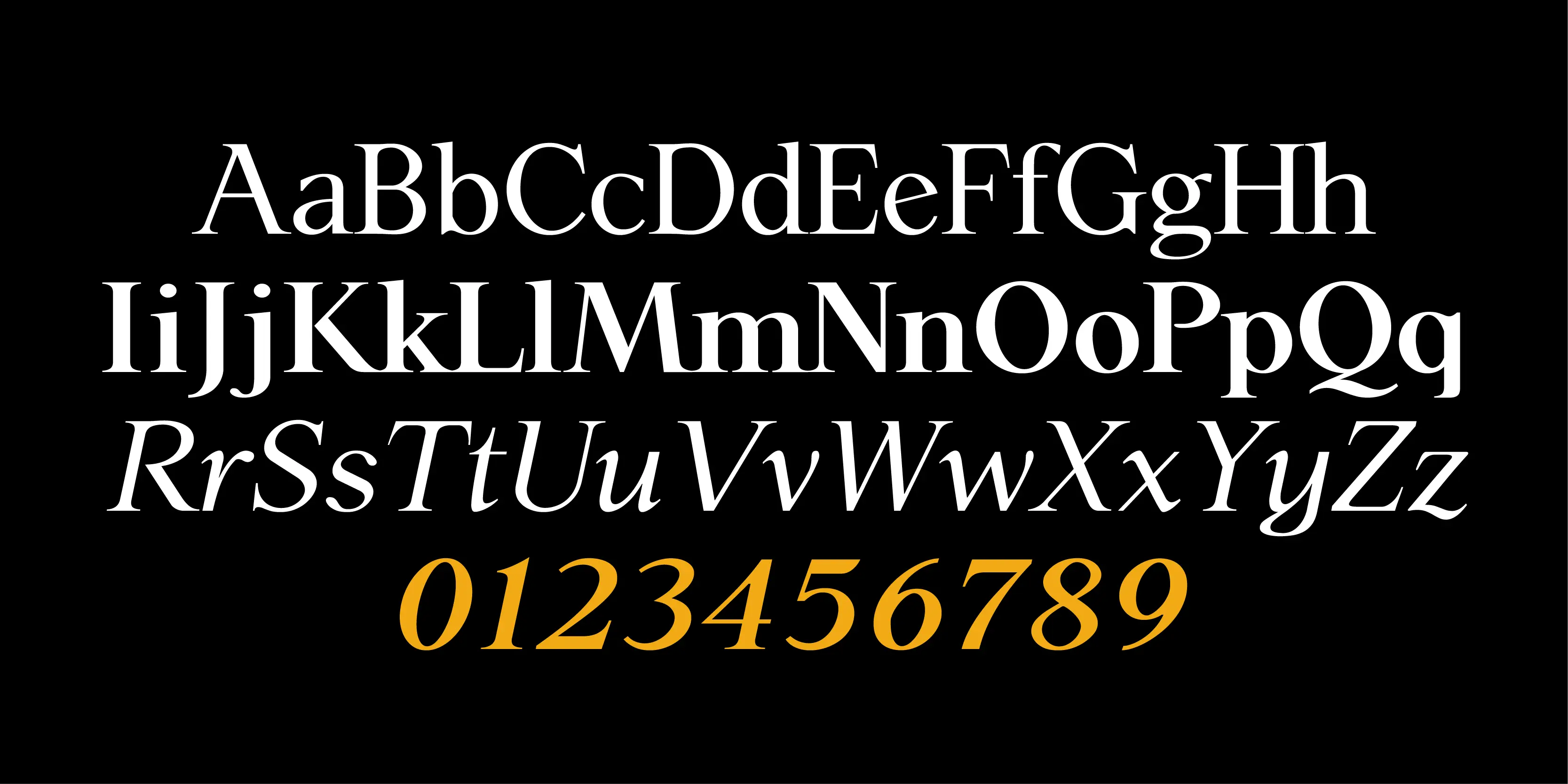 Late November font by P22 Type Foundry — the Latin alphabet from A to Z in paired uppercase and lowercase serif letters, with the third row in italics, followed by the numbers 0 through 9 in orange italics, all set against a black background