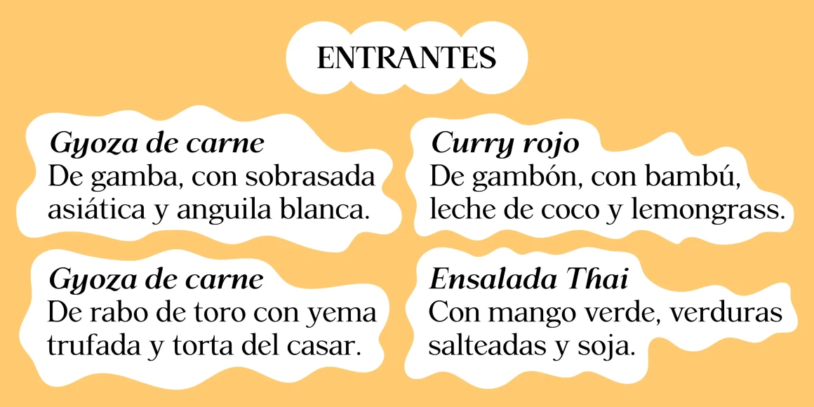 Late November font by P22 Type Foundry — a menu layout on a yellow background with white cloud-like shapes containing Spanish text, featuring the word ENTRANTES in upright serif lettering and food descriptions in a mix of italic and upright serif lettering