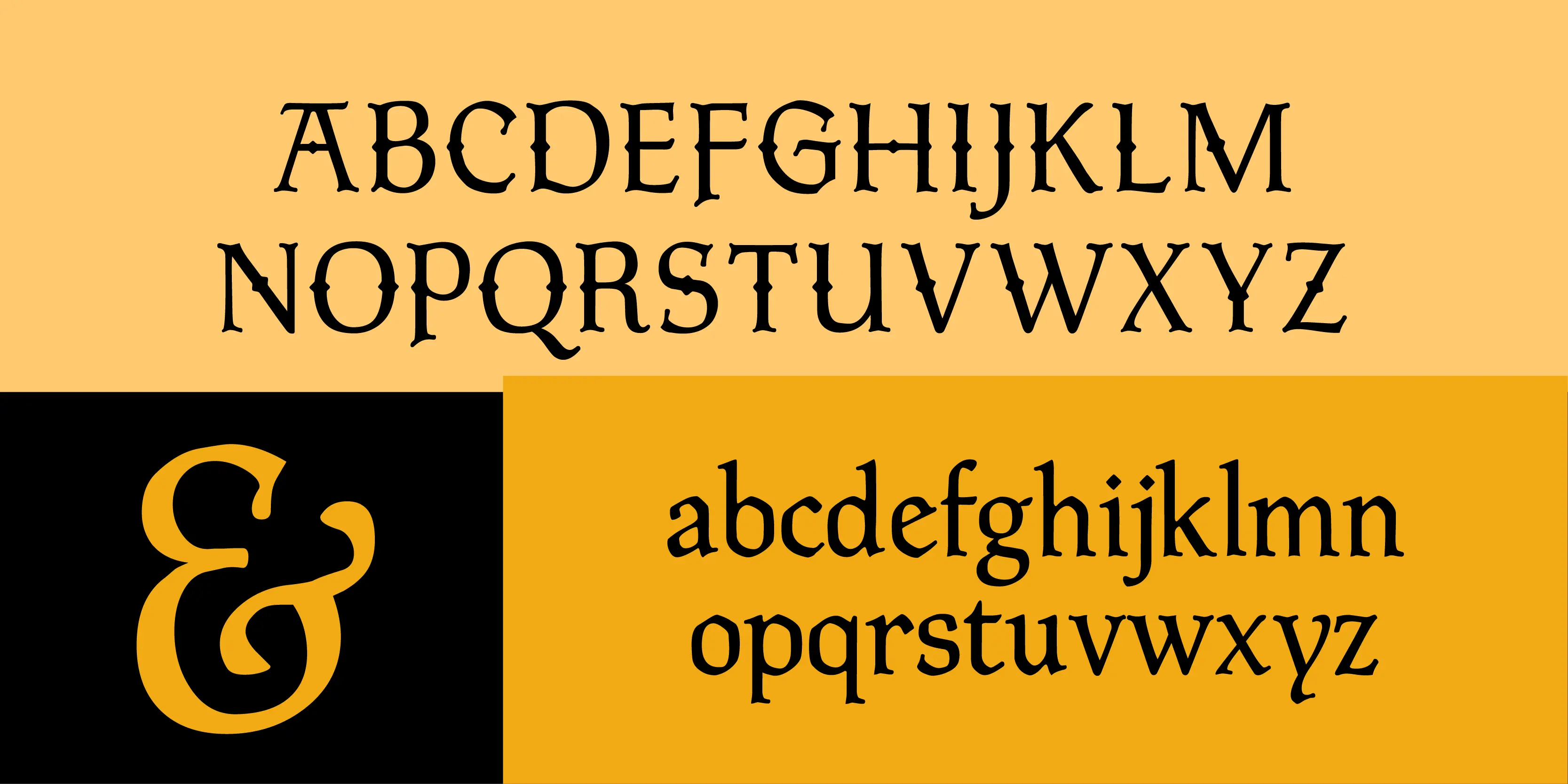 Latimer font by P22 Type Foundry — the uppercase alphabet in black on a light orange background, above a large yellow ampersand on a black block and the lowercase alphabet in black on a dark yellow background, featuring a serif typeface with gothic details