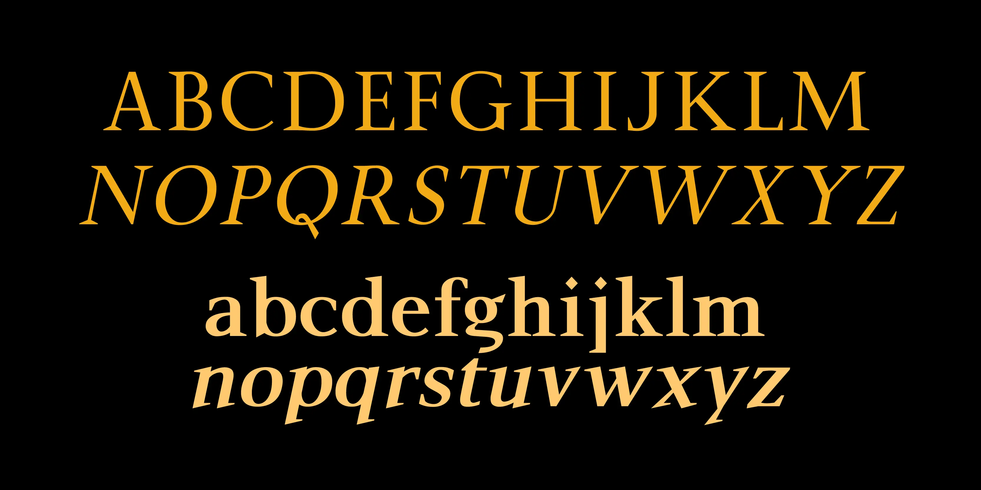 Mai font by P22 Type Foundry — the alphabet in orange serif letters on a black background, with uppercase letters A through M in upright style, N through Z in italic style, lowercase letters a through m in upright style, and n through z in italic style