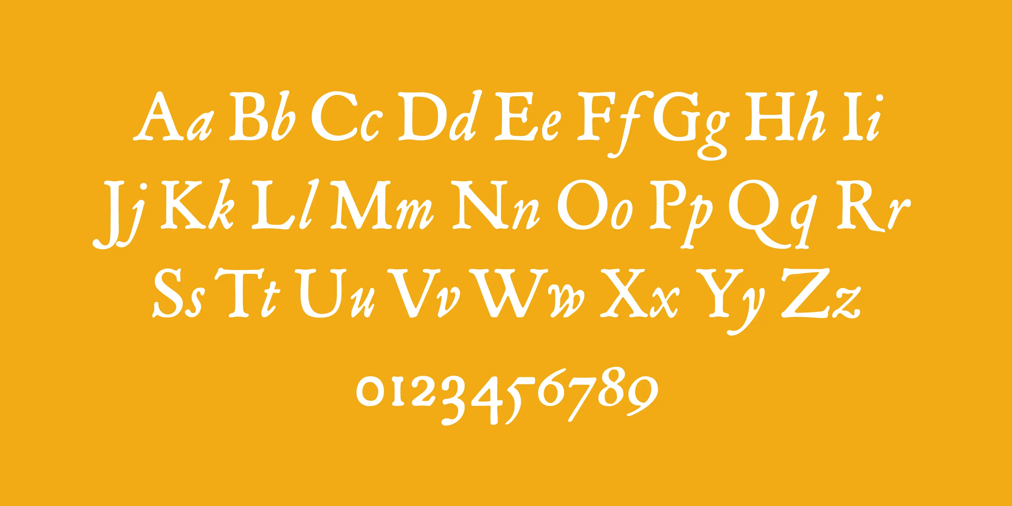Mayflower Smooth font by P22 Type Foundry — the white letters of the alphabet from A to Z in paired uppercase and lowercase italic serif letters, followed by the numbers 0 through 9, on a solid yellow background