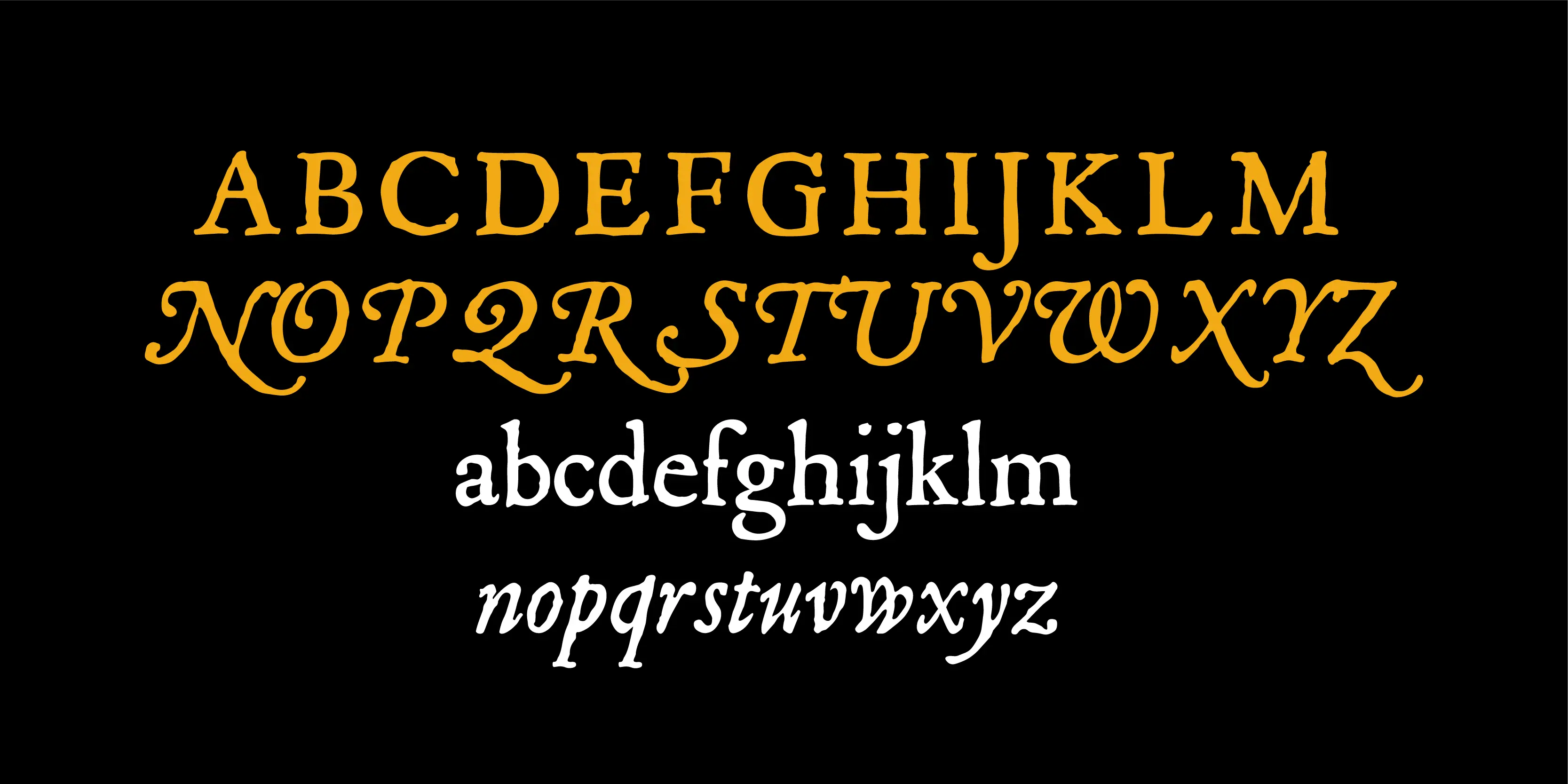 Mayflower font by P22 Type Foundry — the alphabet in uppercase and lowercase letters, with the uppercase letters in gold and the lowercase letters in white, featuring historic serif and italic letterforms on a black background
