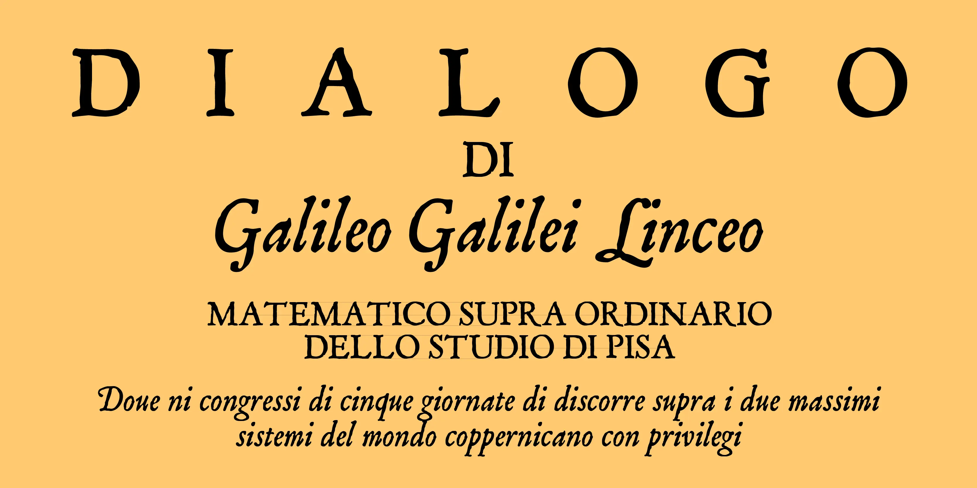 Mayflower font by P22 Type Foundry — the words DIALOGO DI Galileo Galilei Linceo, MATEMATICO SUPRA ORDINARIO DELLO STUDIO DI PISA, and Doue ni congressi di cinque giornate di discorre supra i due massimi sistemi del mondo coppernicano con privilegi in a mix of upright serif and italic styles on a yellow background