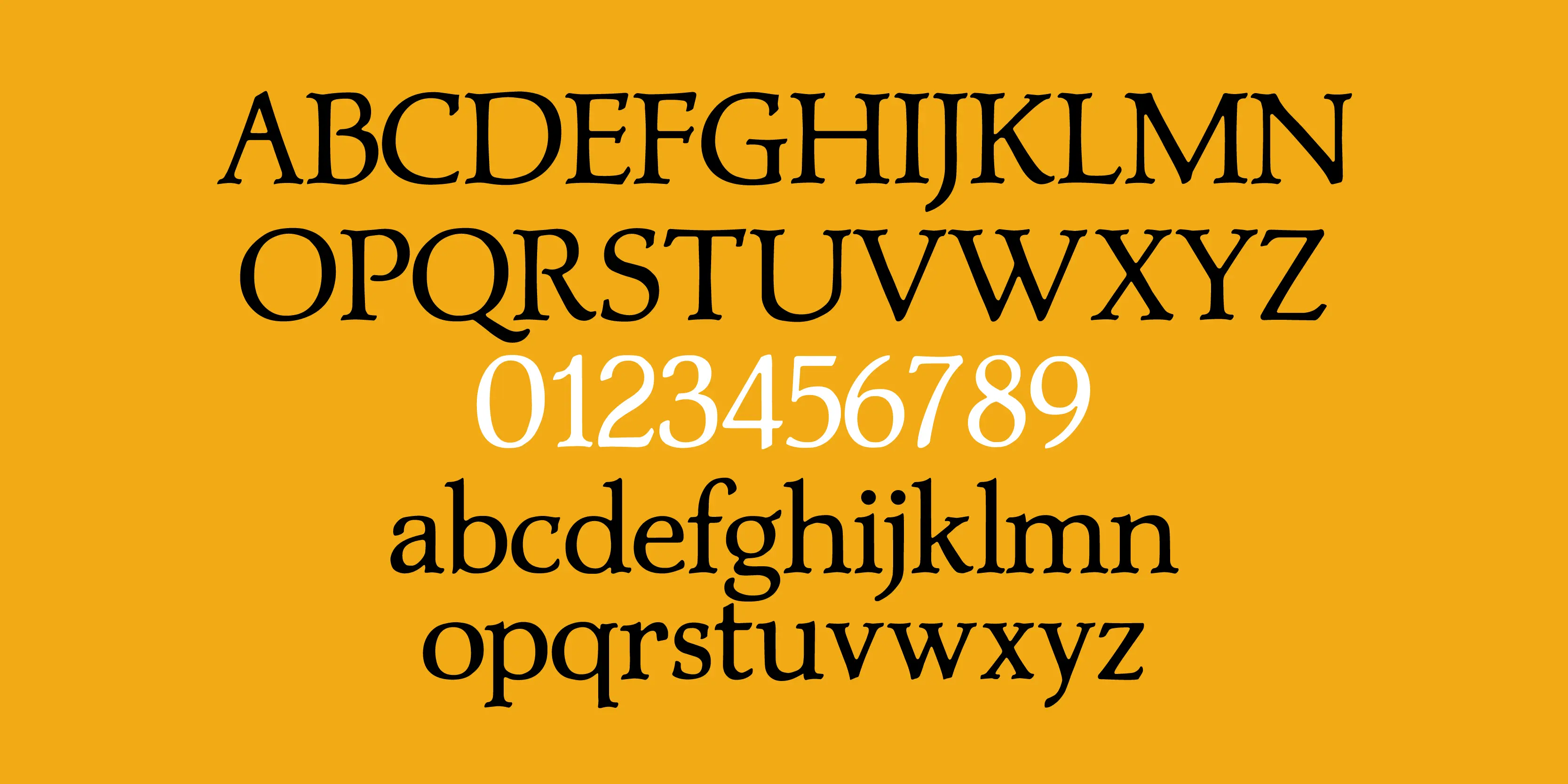 Mercian font by P22 Type Foundry — the uppercase alphabet in black, the numbers 0 through 9 in white, and the lowercase alphabet in black, all set in an elegant serif typeface on a solid yellow background