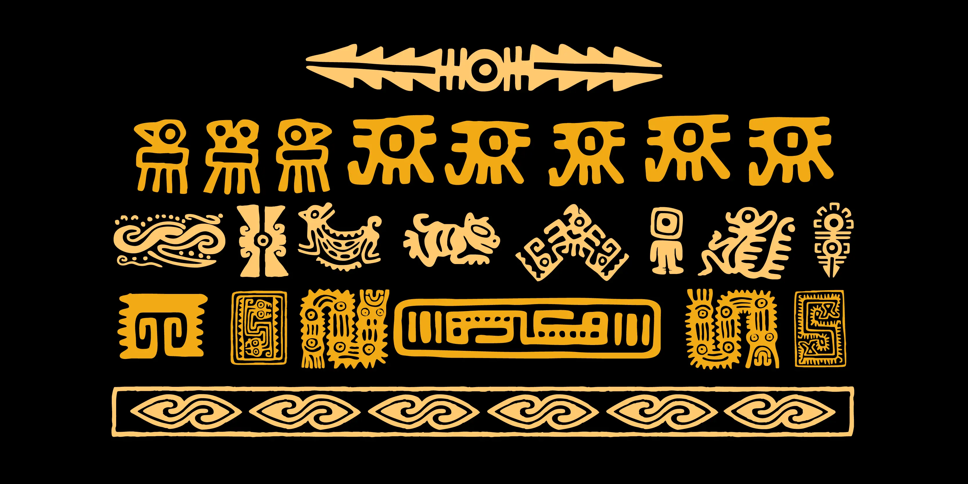 Mexican Relics font by P22 Type Foundry — a collection of yellow pre-Columbian style glyphs and symbols on a black background, including stylized animals, geometric patterns, and a horizontal border of repeating wave motifs