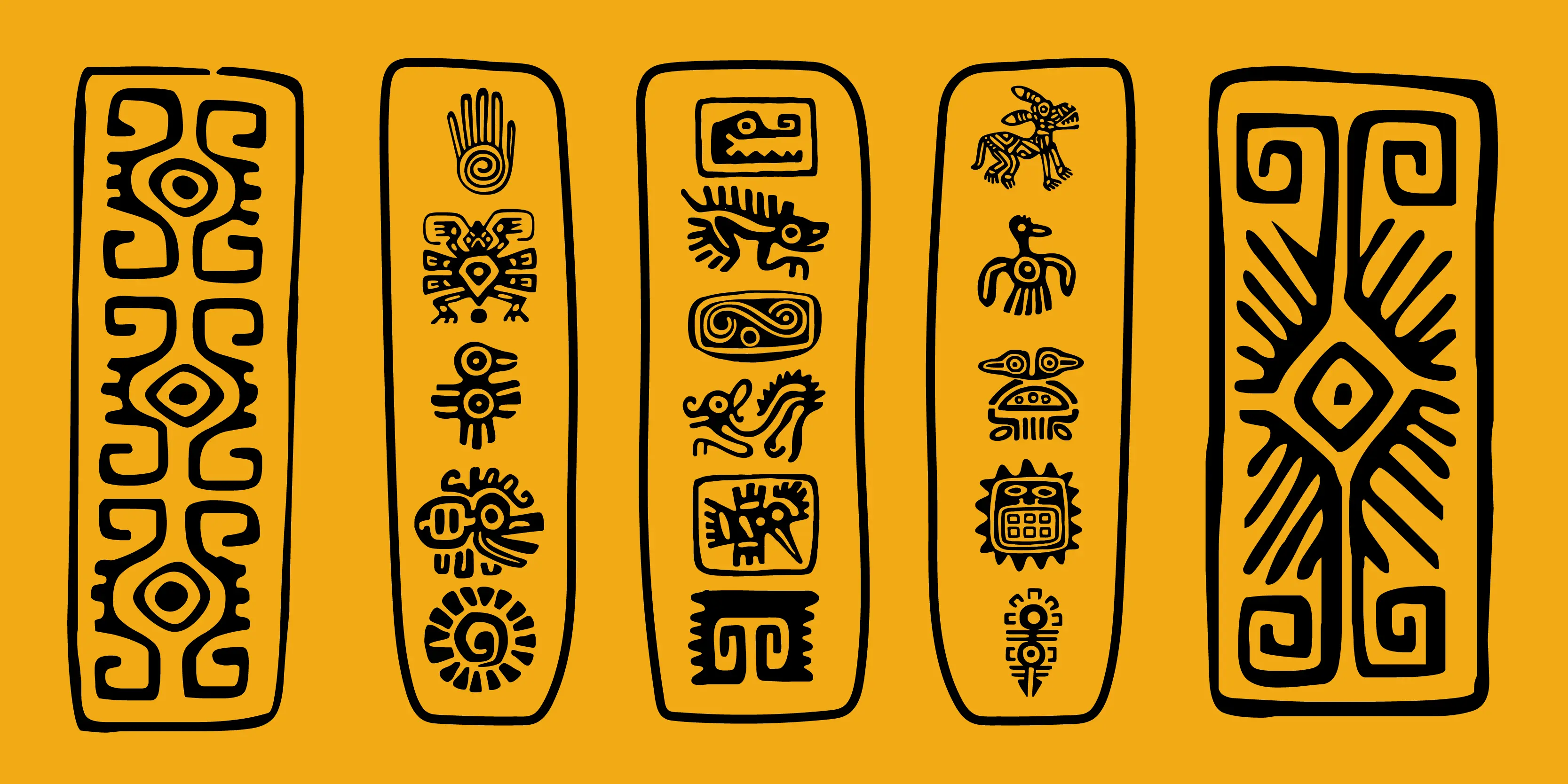 Mexican Relics font by P22 Type Foundry — five vertical yellow panels containing black pre-Columbian style glyphs, including a hand with a spiral palm, stylized birds, and geometric patterns