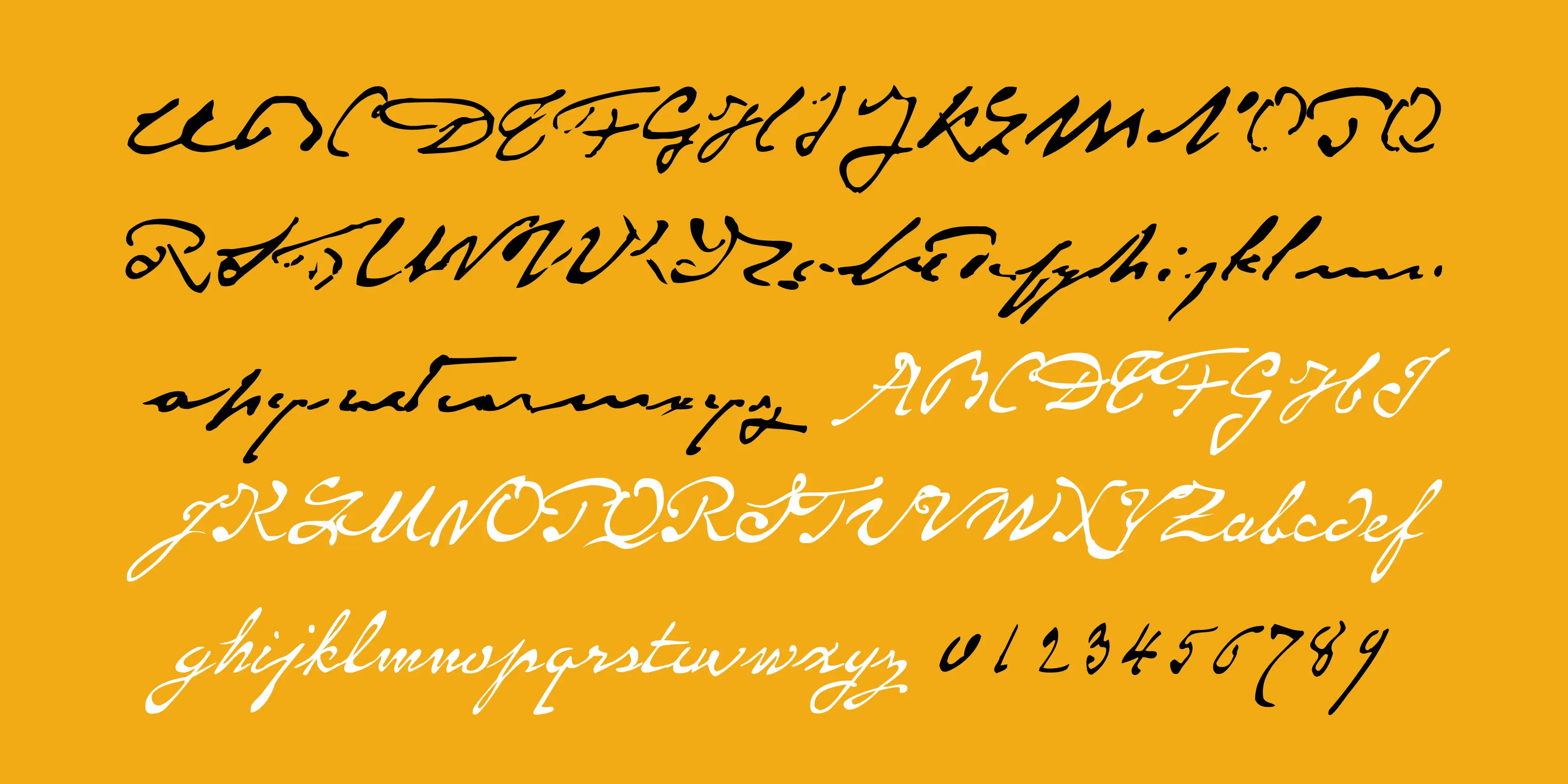 Monet font by P22 Type Foundry — the alphabet and numerals 0 through 9 in black and white, featuring a highly abstract, loose script style and a more legible cursive script style, set against a solid yellow background