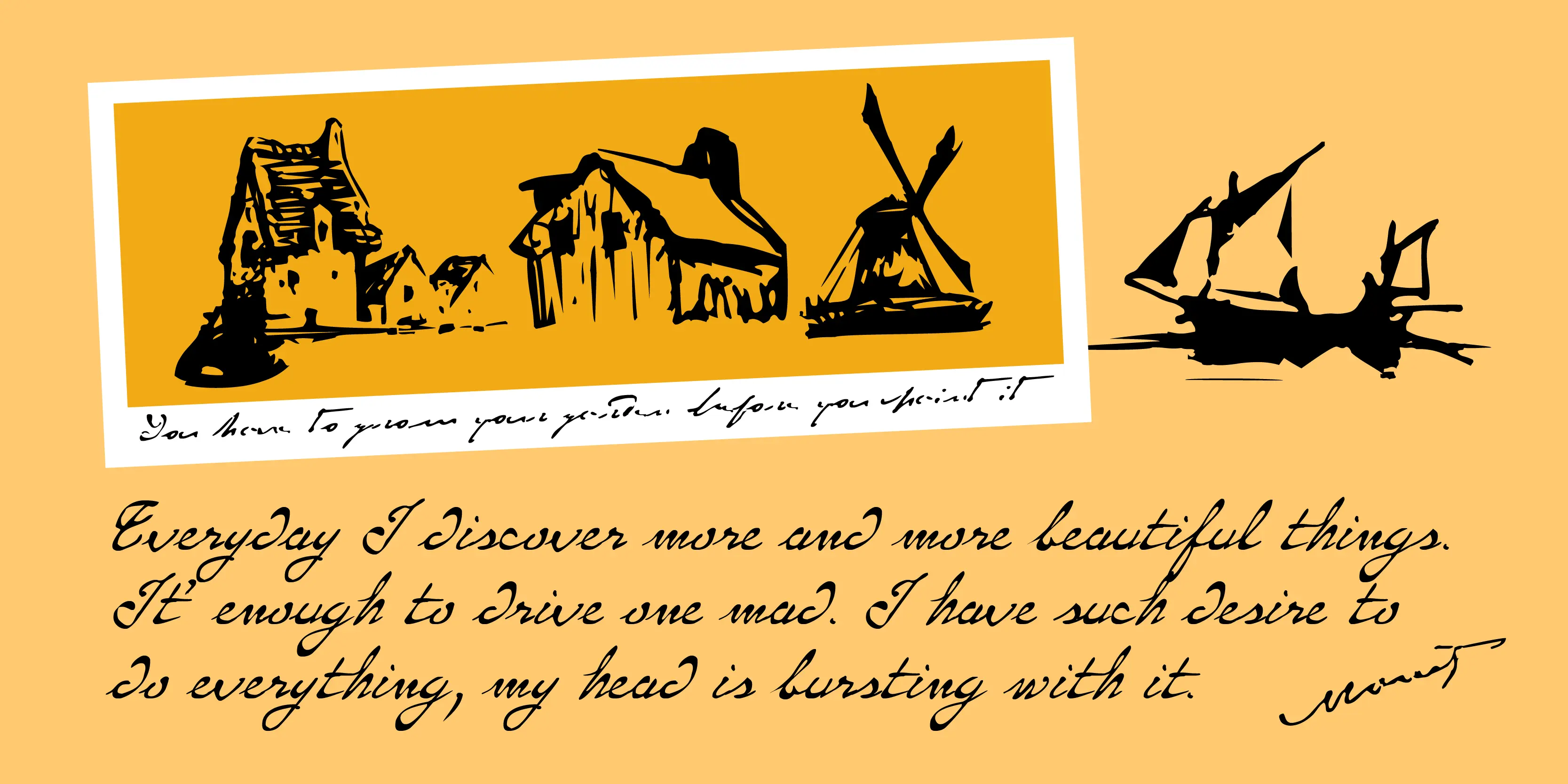 Monet font by P22 Type Foundry — black sketch-style illustrations of houses, a windmill, and a sailboat, with a line of highly illegible script and three lines of legible cursive script on a warm yellow background