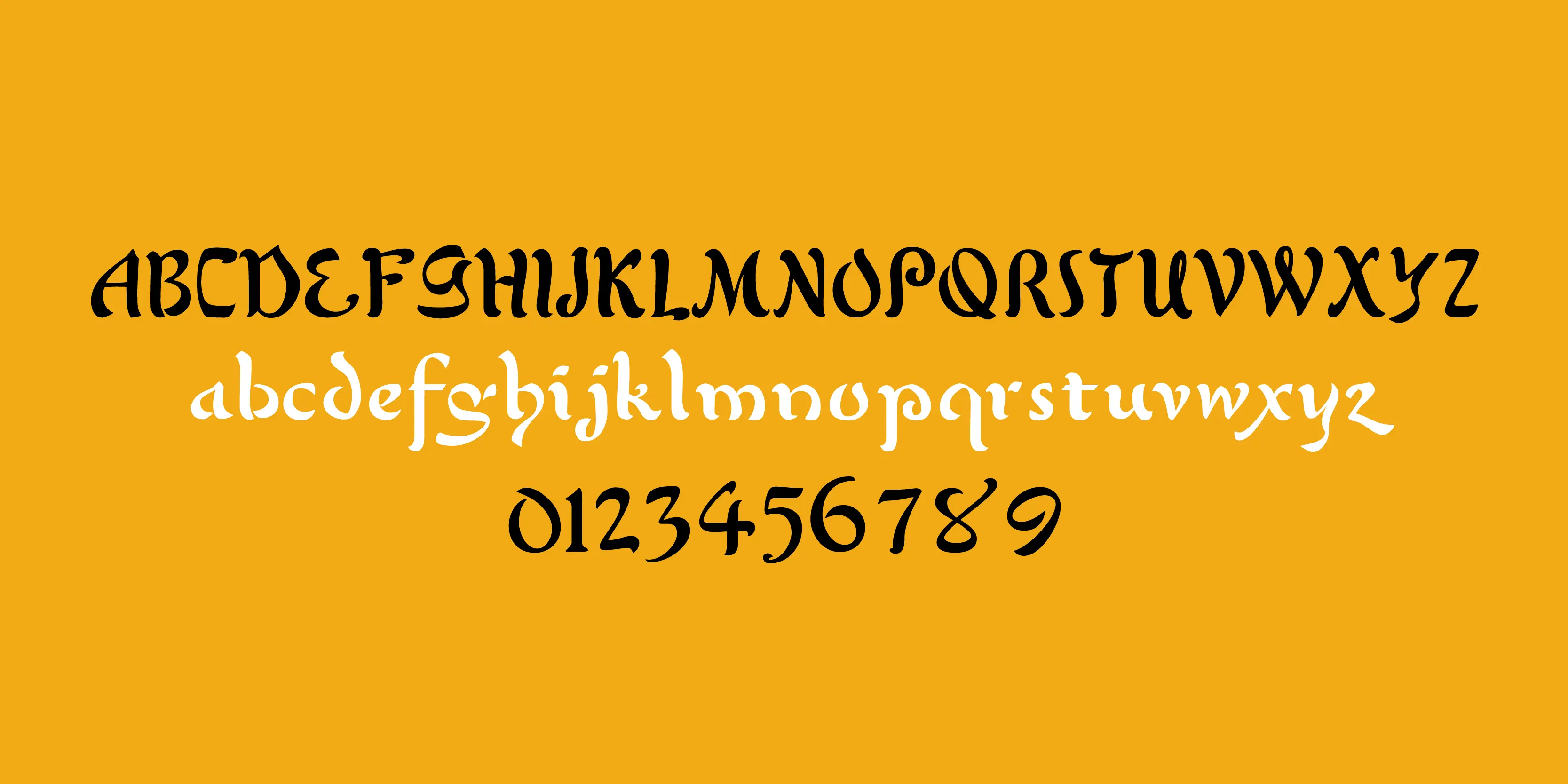 Mystic font by P22 Type Foundry — the uppercase alphabet in black, the lowercase alphabet in white, and the numbers zero through nine in black, all in a stylized, calligraphic font with Middle Eastern influence on a solid yellow background