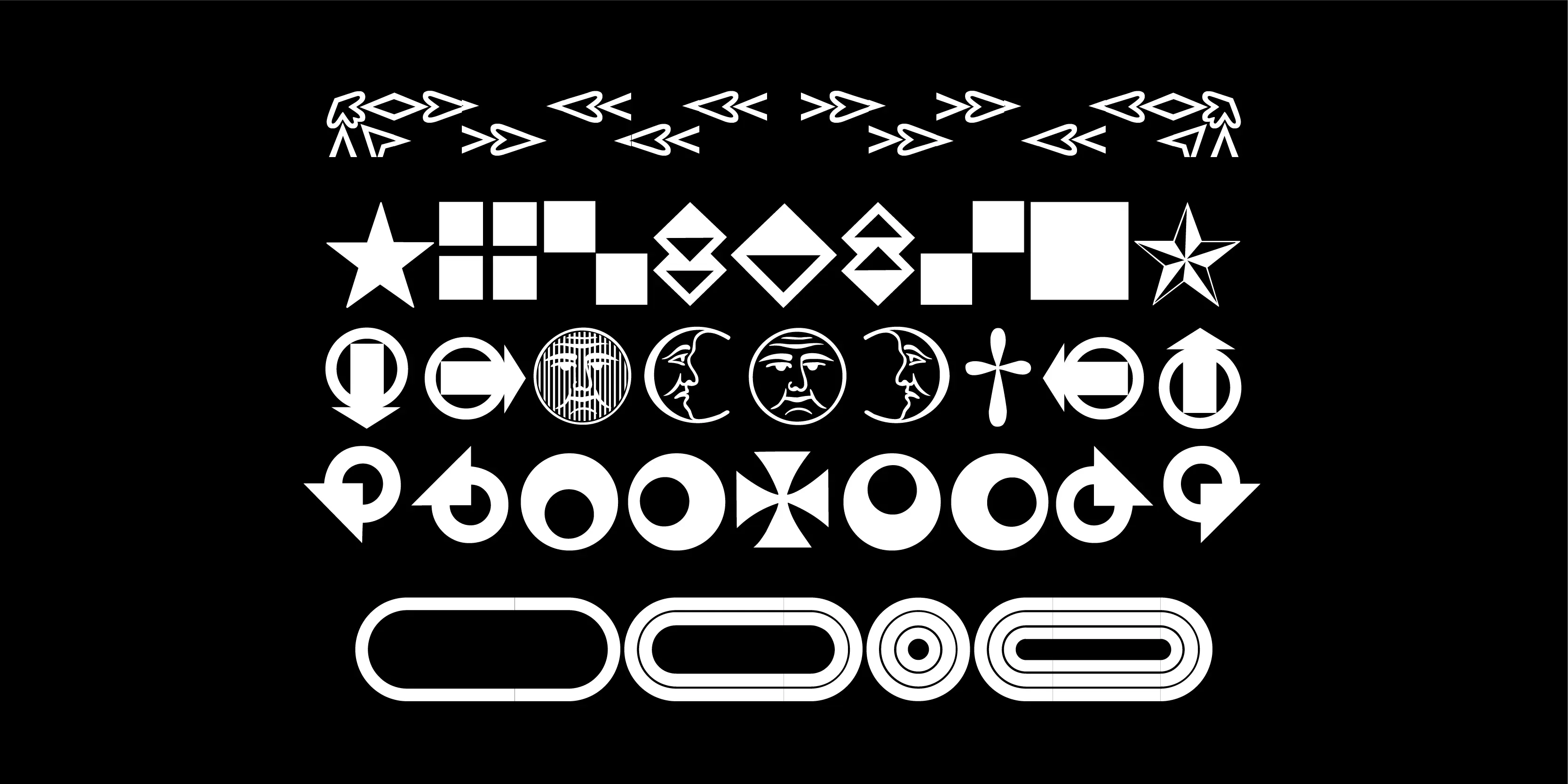 Nebiornaments font by P22 Type Foundry — a collection of white geometric and illustrative ornaments on a black background, including stars, crescent moons, sun faces, arrows, and rounded oblong shapes