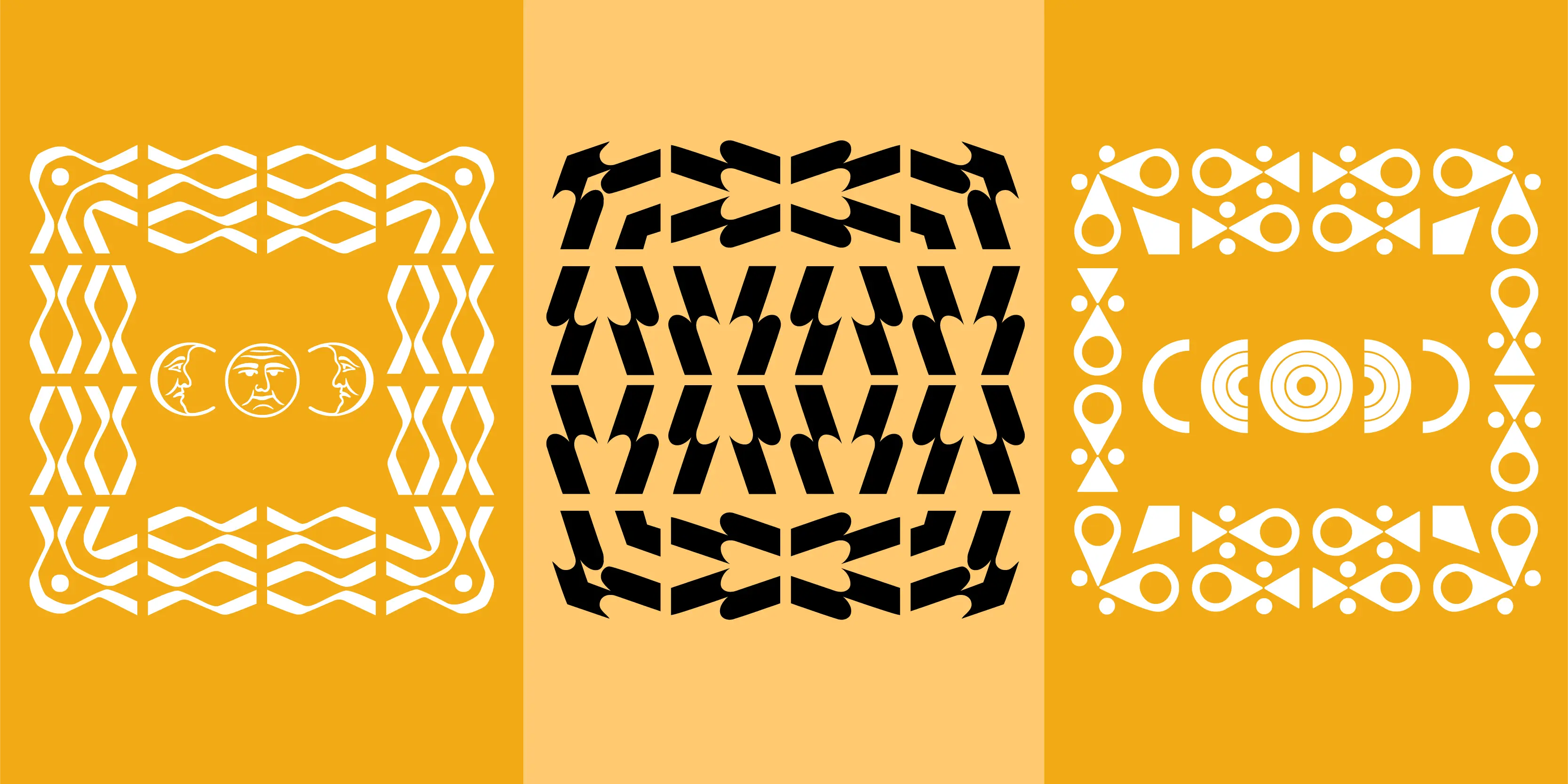 Nebiornaments font by P22 Type Foundry — three panels of geometric ornaments on yellow and light orange backgrounds, featuring a white border enclosing a sun and crescent moon faces, a black abstract geometric pattern, and a white border of circles and triangles enclosing concentric rings