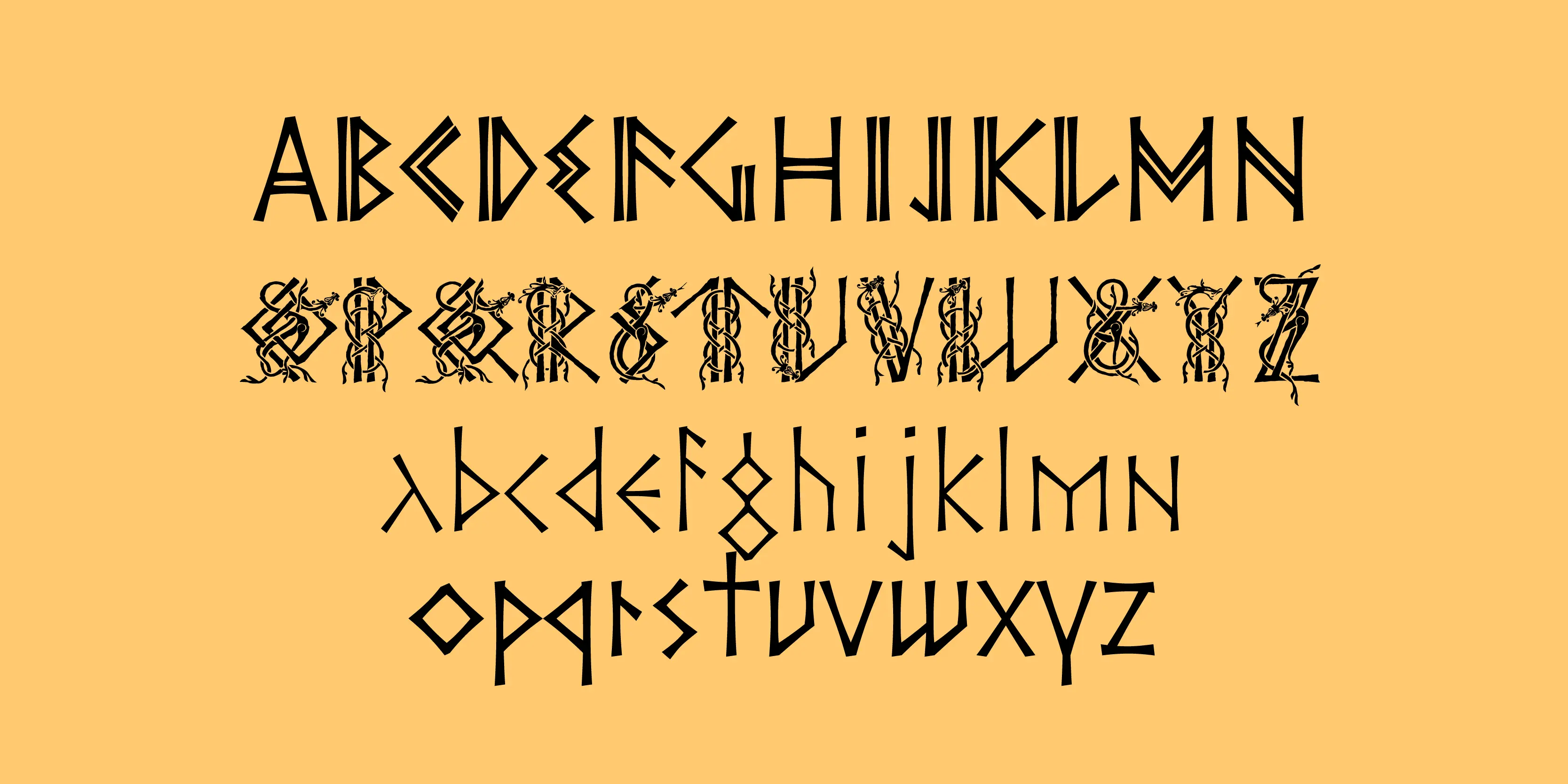 Ornes font by P22 Type Foundry — the alphabet from A to Z in black lettering on a yellow background, featuring a top row of runic-inspired capital letters from A to N, a middle row of highly ornamented capital letters from O to Z with intricate woodcarving motifs, and two bottom rows of runic-style lowercase letters from a to z