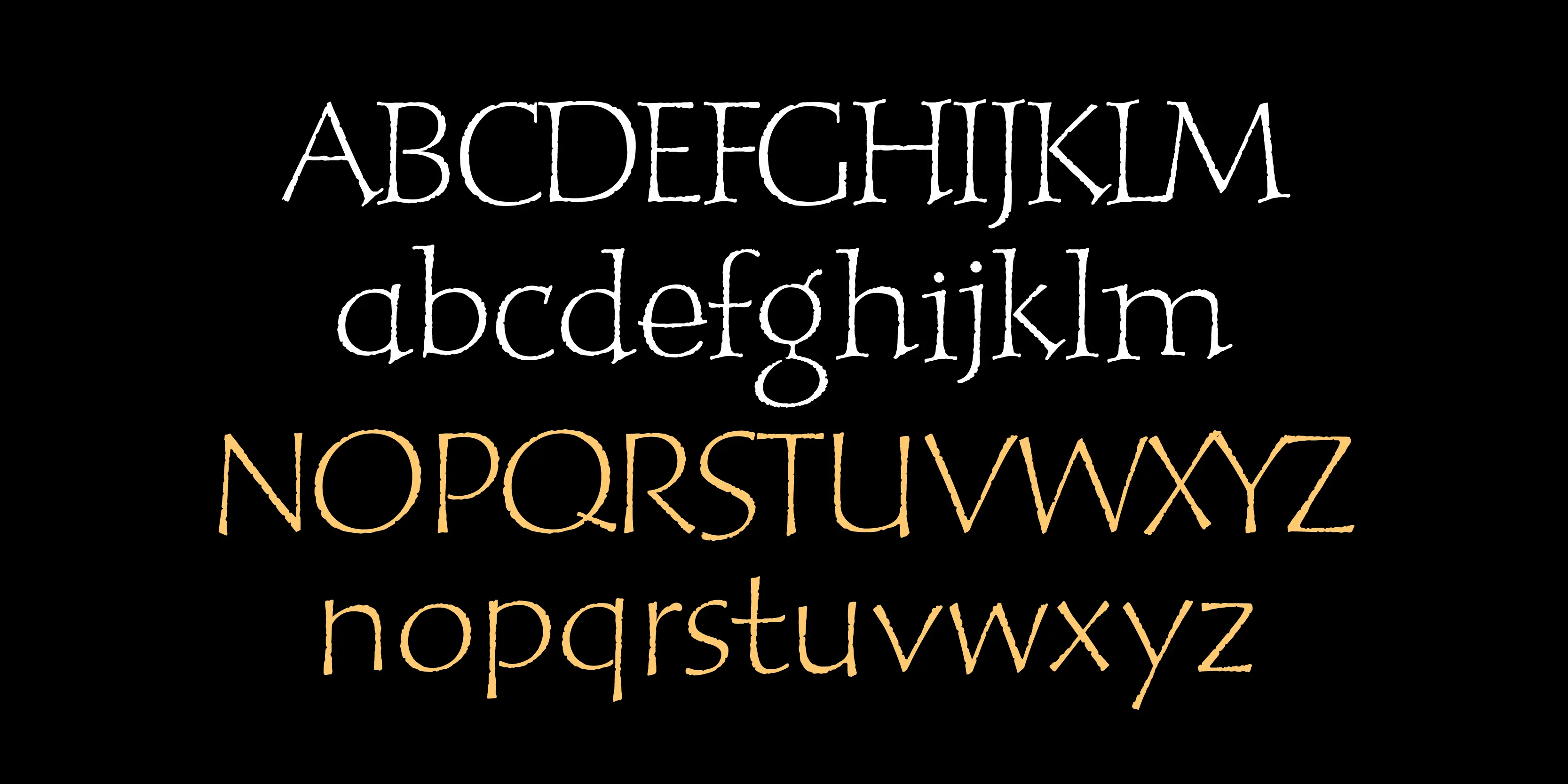 Peanut font by P22 Type Foundry — the letters A through M in white uppercase and lowercase, stacked above the letters N through Z in orange uppercase and lowercase, in a playful serif typeface with rough edges on a black background
