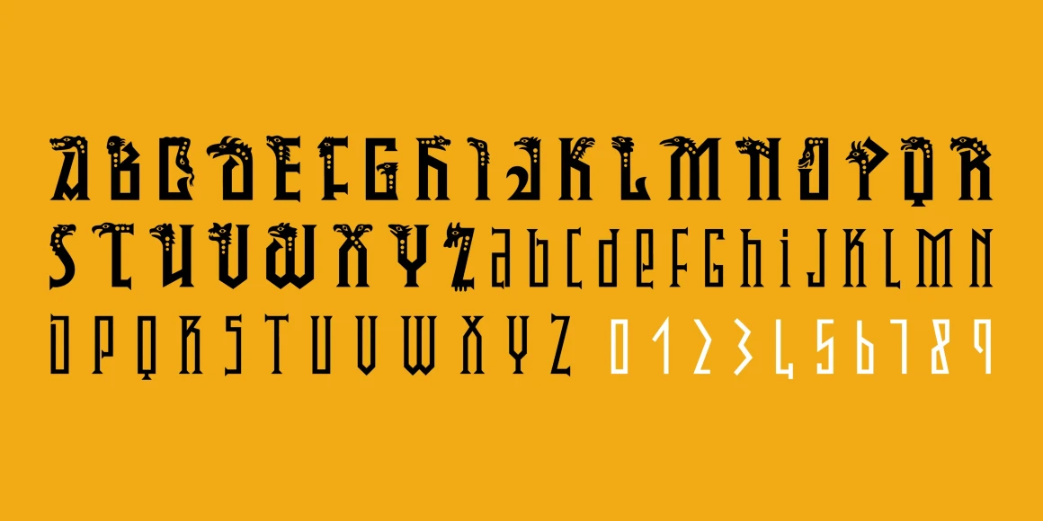 Phantasmagoria font by P22 Type Foundry — the letters A through Z in a stylized black font with beast heads capping the first set of letters, followed by a thinner sans-serif alphabet and white numerals 0 through 9 on a yellow background