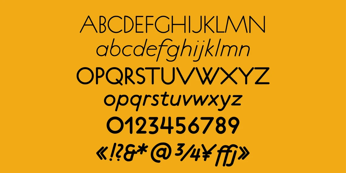 Platten Neu font by P22 Type Foundry — the uppercase and lowercase alphabet, numbers from zero to nine, and various punctuation marks and symbols, set in a monoline sans-serif typeface with alternating upright and italic lines on a solid yellow background