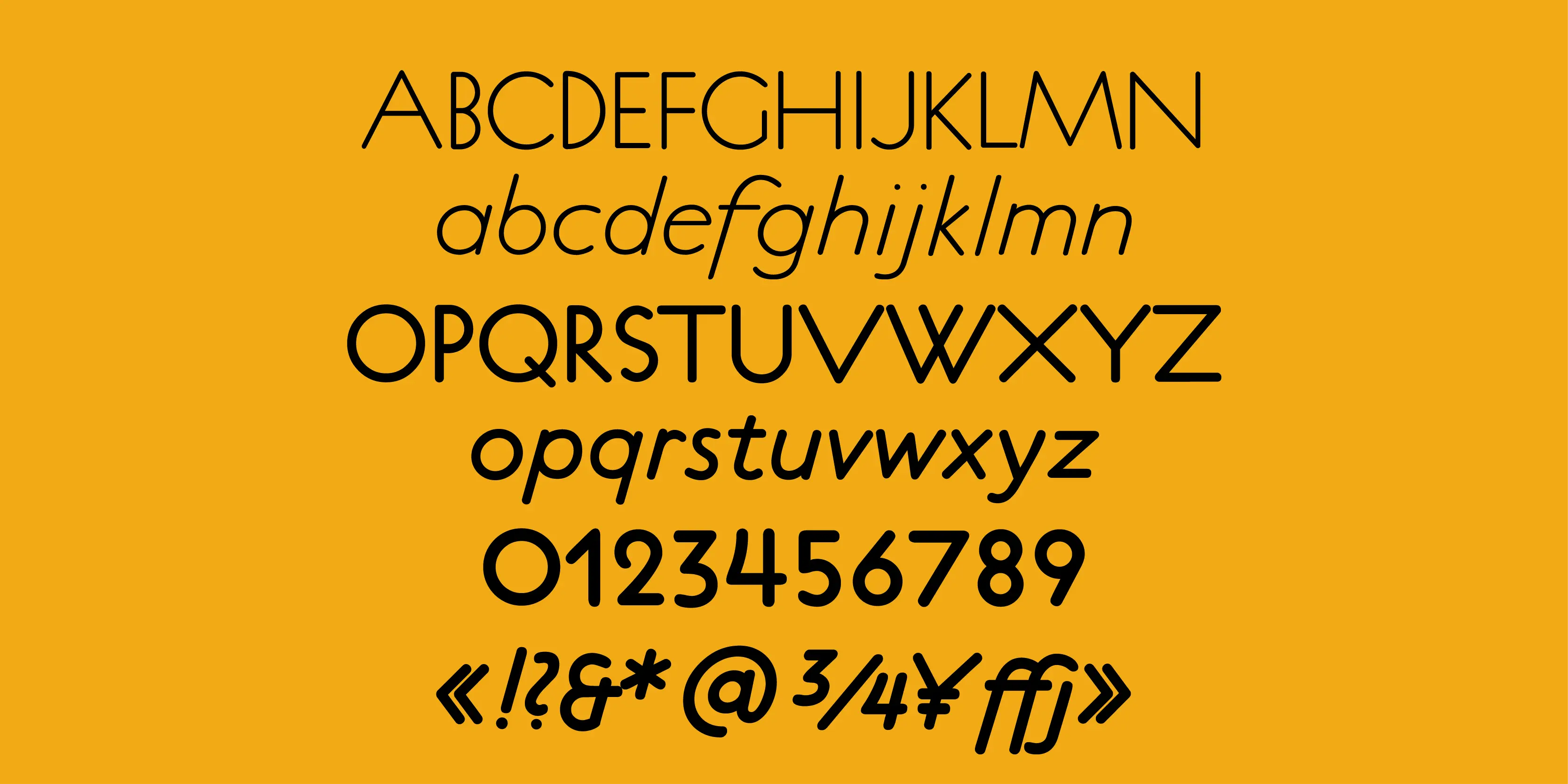 Platten Neu font by P22 Type Foundry — the uppercase and lowercase alphabet, numbers from zero to nine, and various punctuation marks and symbols, set in a monoline sans-serif typeface with alternating upright and italic lines on a solid yellow background
