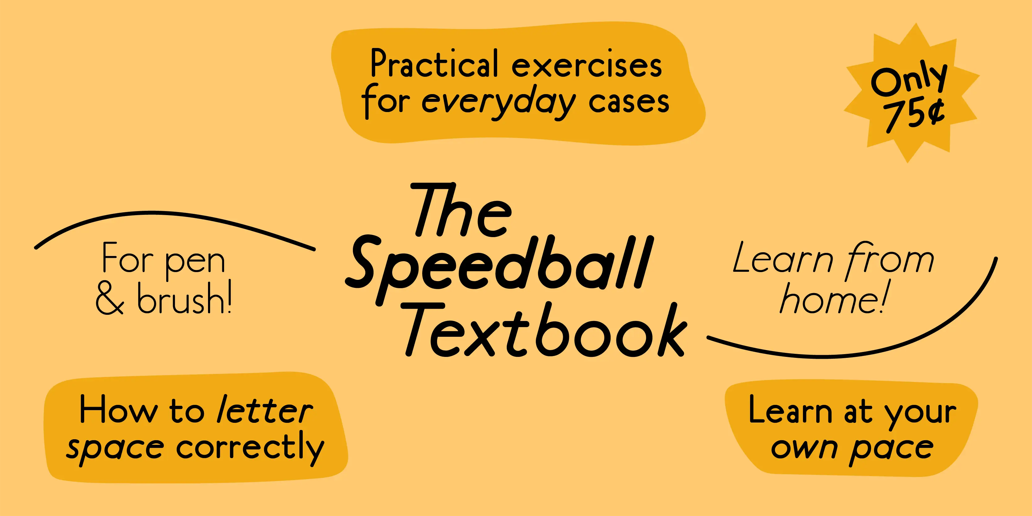 Platten Neu font by P22 Type Foundry — the words The Speedball Textbook in a rounded sans-serif typeface, surrounded by educational phrases in yellow blobs and a starburst reading Only 75 cents, all on a light yellow background