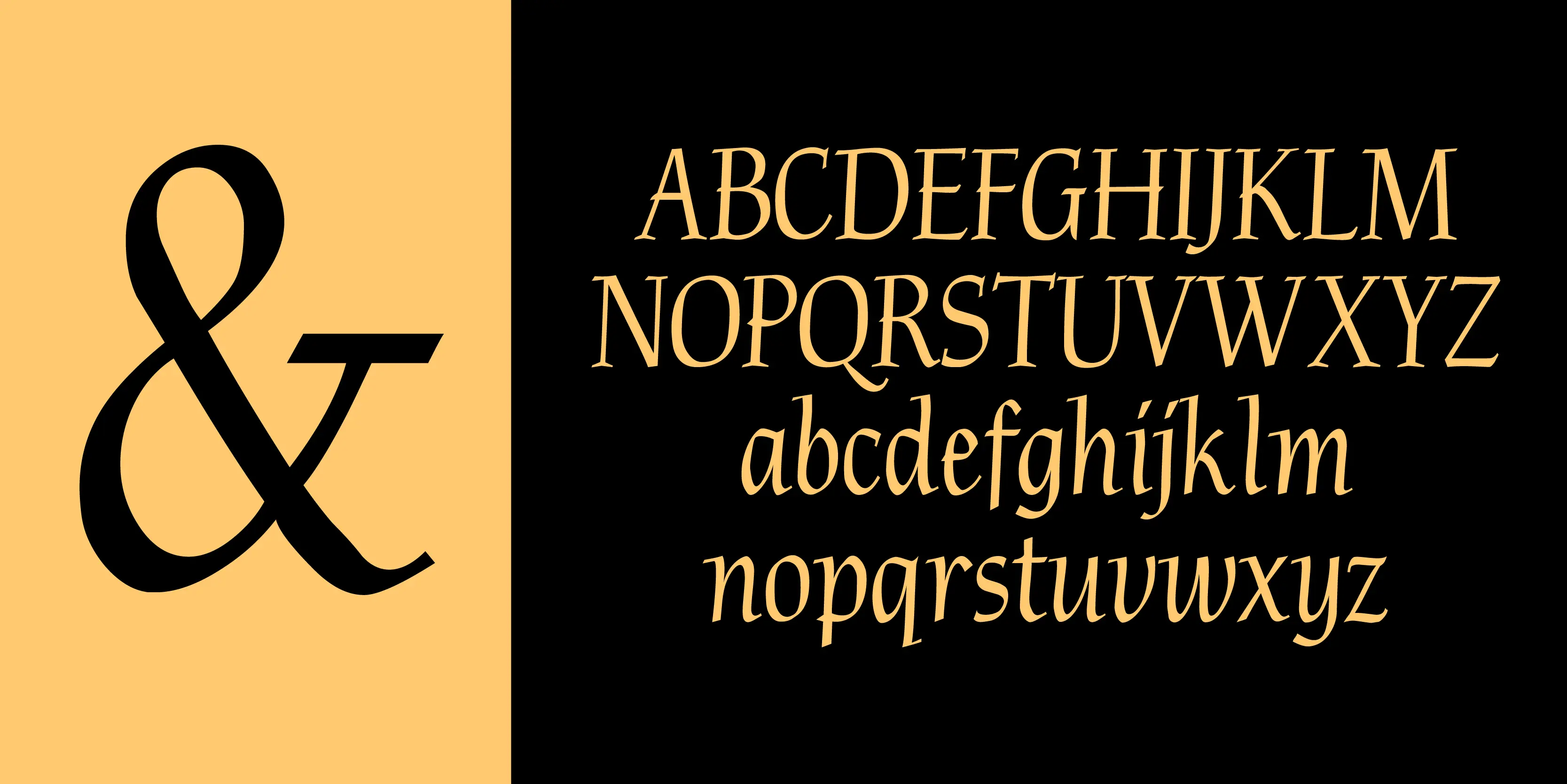 Plymouth font by P22 Type Foundry — a large black ampersand on a yellow background next to the uppercase and lowercase Latin alphabets in a condensed, calligraphic serif style on a black background