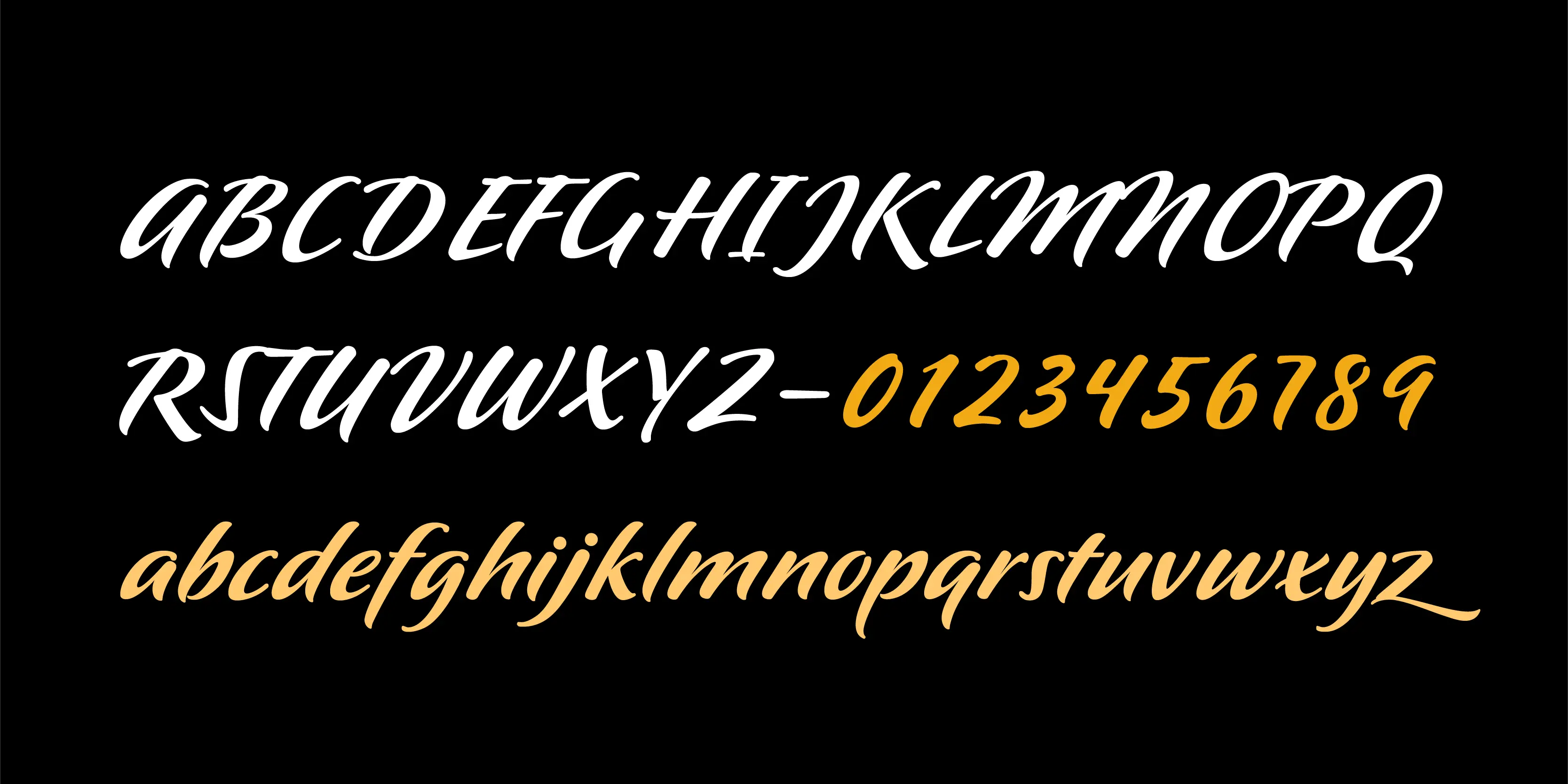 Pooper Black font by P22 Type Foundry — the uppercase alphabet A through Z in white, followed by a hyphen and numbers 0 through 9 in yellow, and the lowercase alphabet a through z in yellow, all in a slanted brush script style on a black background