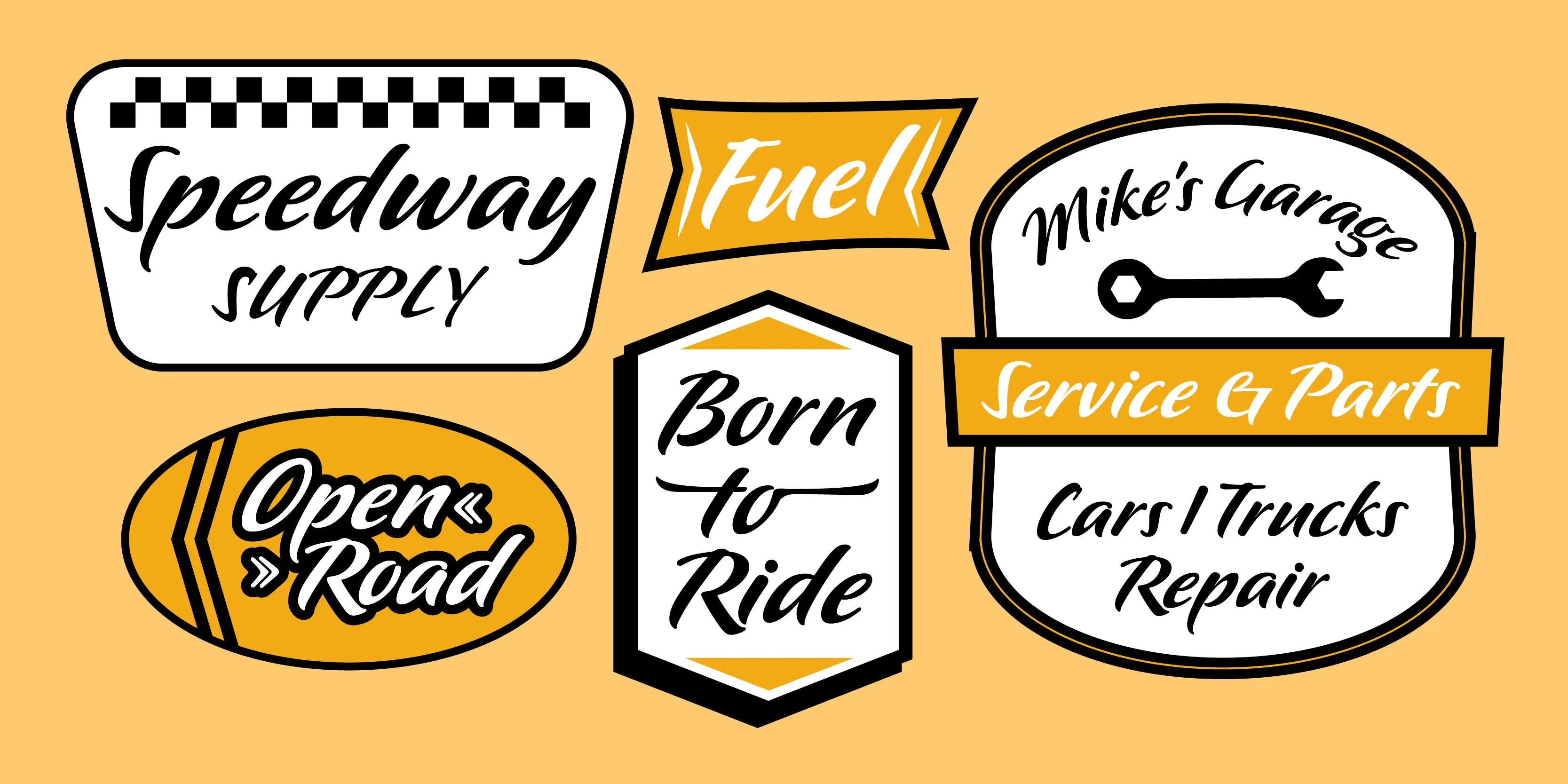 Pooper Black font by P22 Type Foundry — Five retro automotive-themed badges on a yellow background, featuring brush script lettering for the words Speedway SUPPLY, Fuel, Open Road, Born to Ride, and Mike’s Garage Service & Parts Cars / Trucks Repair