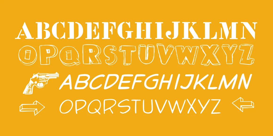 Pop Art font by P22 Type Foundry — the alphabet from A to Z shown in four distinct hand-drawn styles, including stencil serif, 3D block, slanted sans-serif, and thin monoline, accompanied by illustrations of a revolver and two 3D arrows on a yellow background