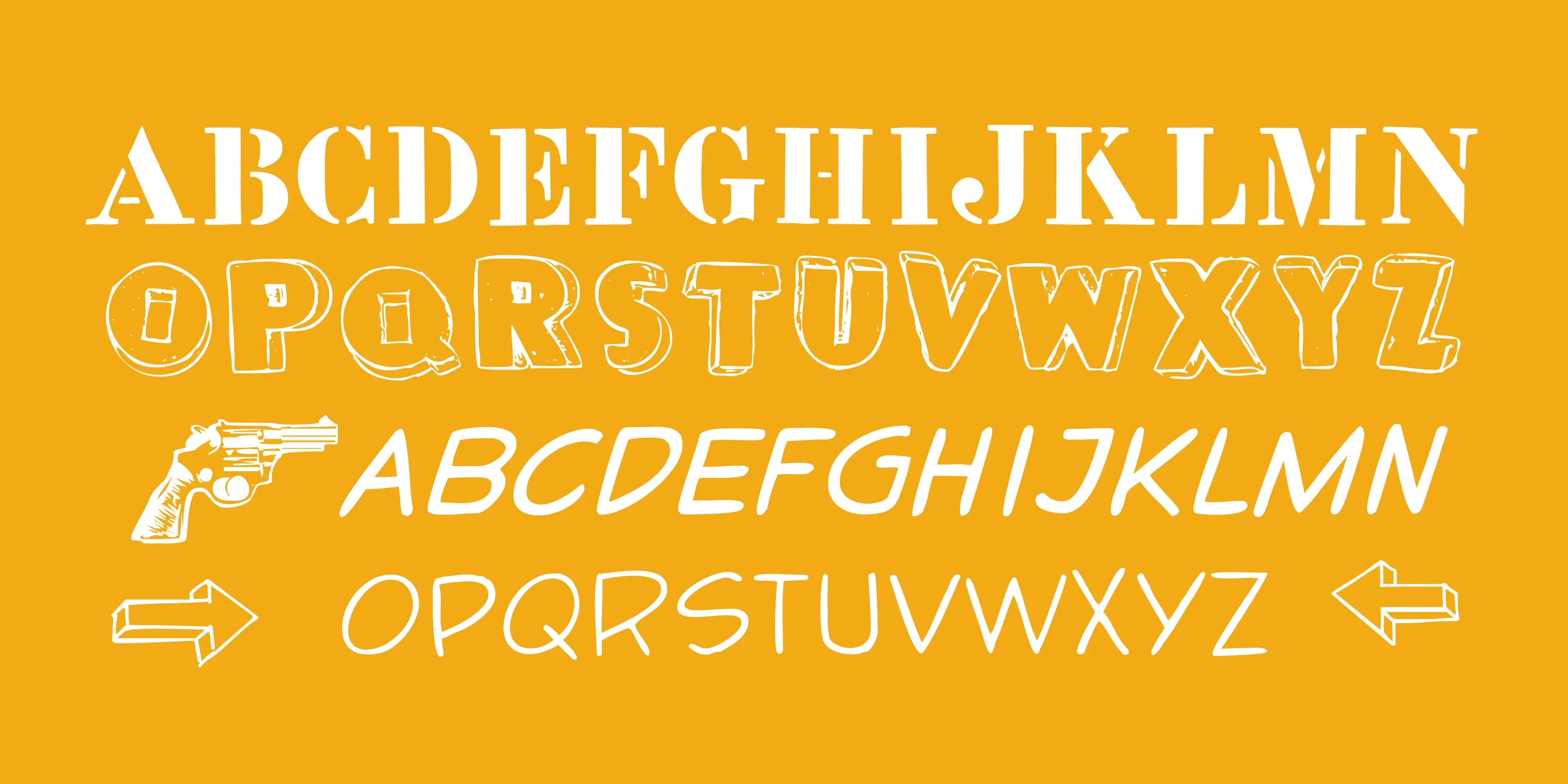 Pop Art font by P22 Type Foundry — the alphabet from A to Z shown in four distinct hand-drawn styles, including stencil serif, 3D block, slanted sans-serif, and thin monoline, accompanied by illustrations of a revolver and two 3D arrows on a yellow background