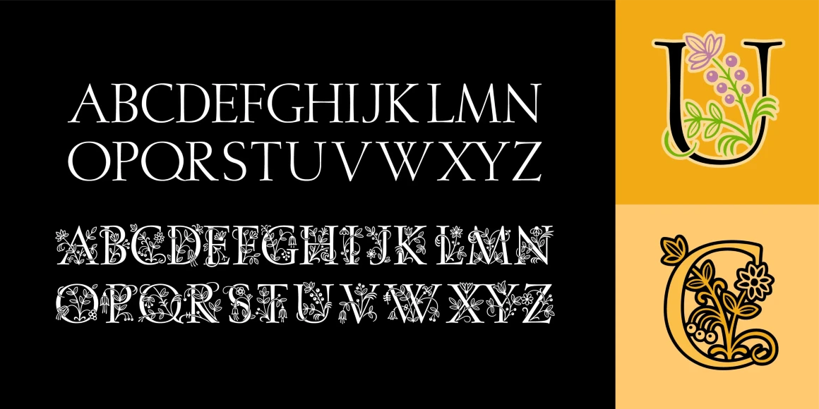 Posies font by P22 Type Foundry — two sets of the alphabet from A to Z in white serif capitals on a black background, one plain and one decorated with floral illustrations, next to a large colored letter U with purple flowers and a large letter C with golden floral details