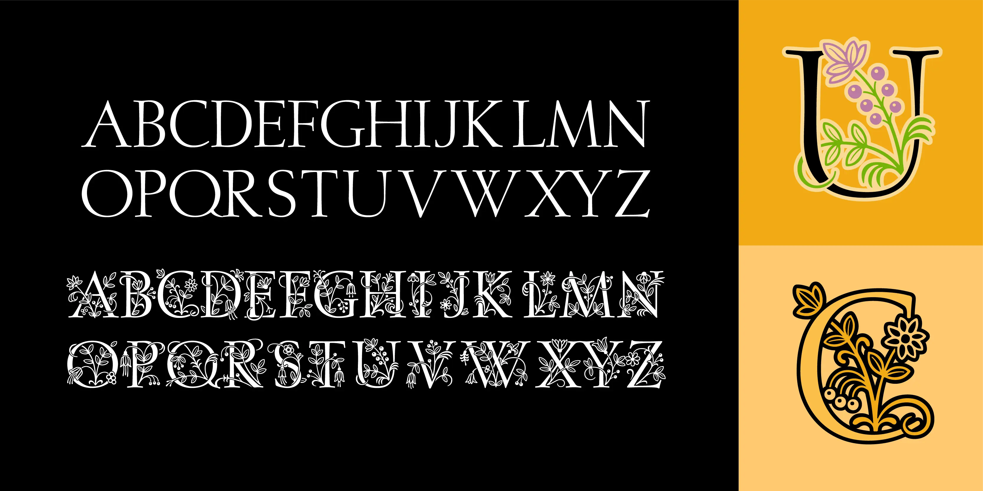 Posies font by P22 Type Foundry — two sets of the alphabet from A to Z in white serif capitals on a black background, one plain and one decorated with floral illustrations, next to a large colored letter U with purple flowers and a large letter C with golden floral details