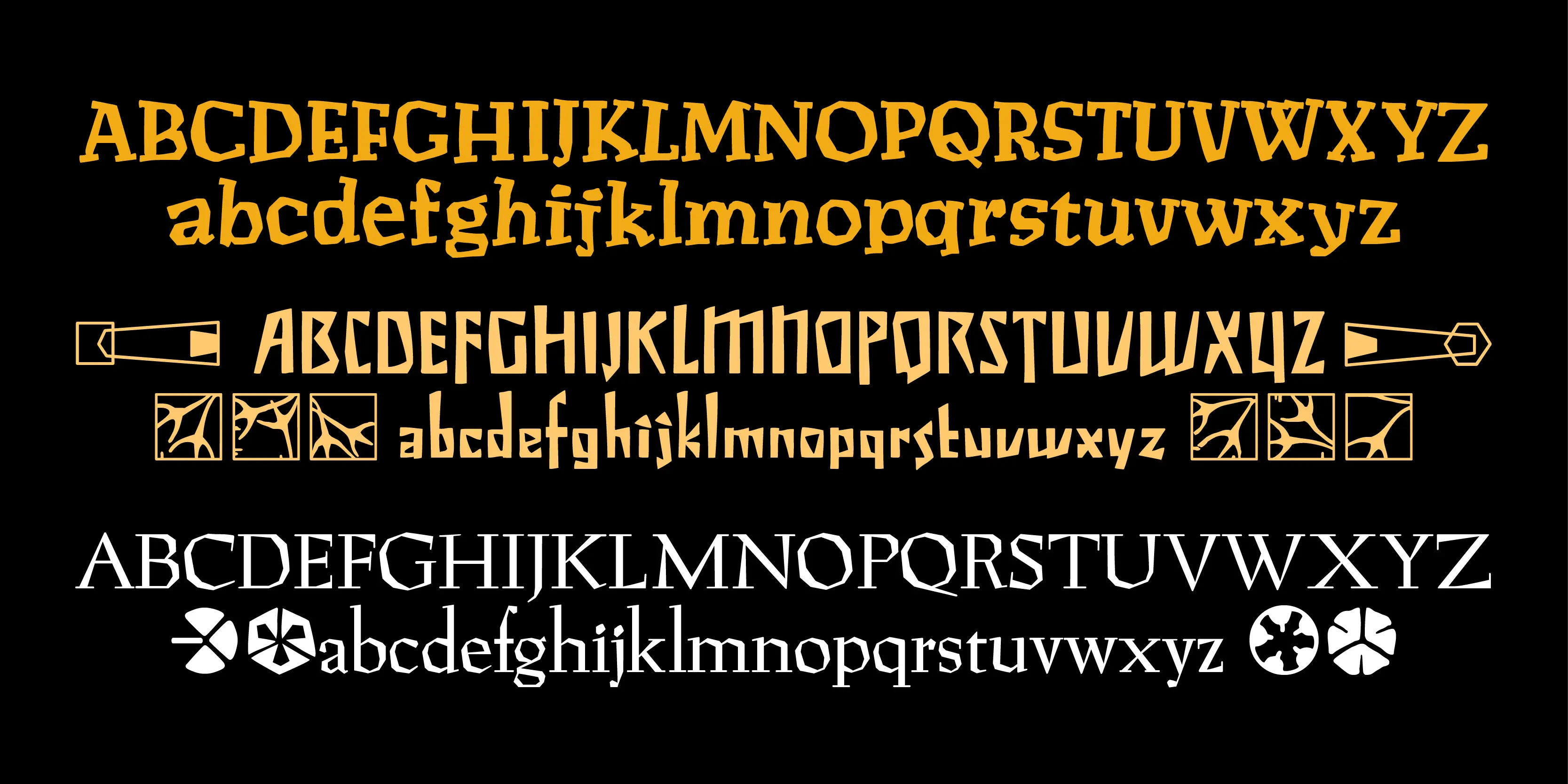 Preissig font by P22 Type Foundry — three sets of uppercase and lowercase alphabets in yellow and white on a black background, featuring angular, hand-cut letterforms and decorative geometric icons