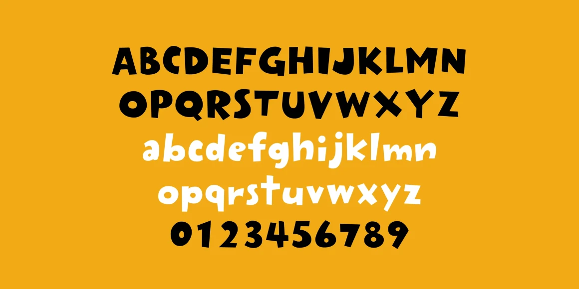 Rakugaki font by P22 Type Foundry — the Latin alphabet in uppercase and lowercase, followed by the numbers 0 through 9, in a chunky, hand-drawn sans-serif style on a solid yellow background