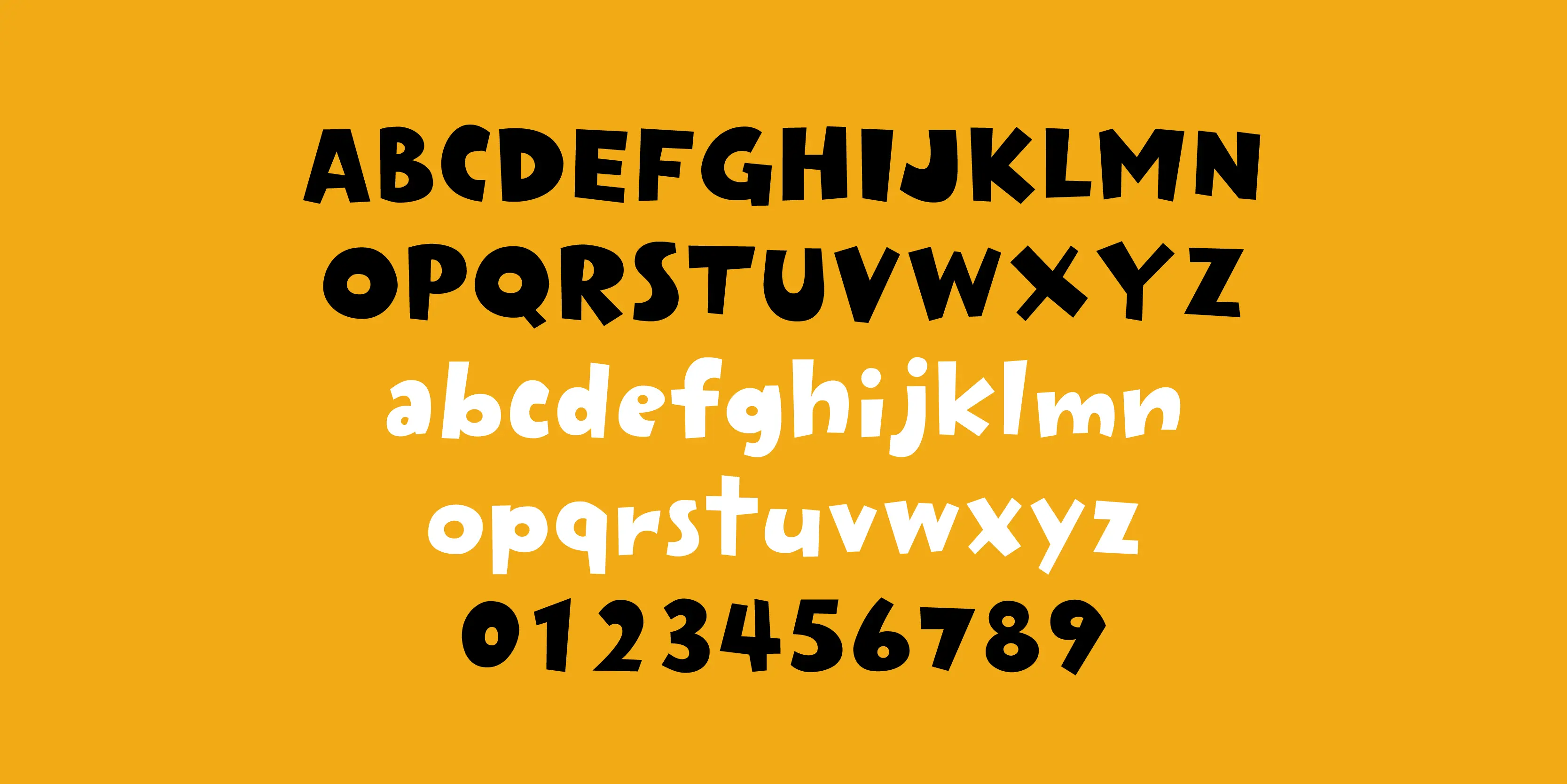 Rakugaki font by P22 Type Foundry — the Latin alphabet in uppercase and lowercase, followed by the numbers 0 through 9, in a chunky, hand-drawn sans-serif style on a solid yellow background