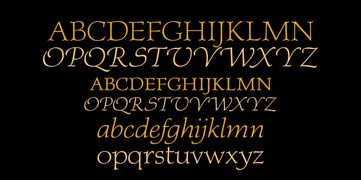 Regina font by P22 Type Foundry — the alphabet from A to Z in uppercase and lowercase, displayed in orange and light yellow serif and italic swash lettering on a black background