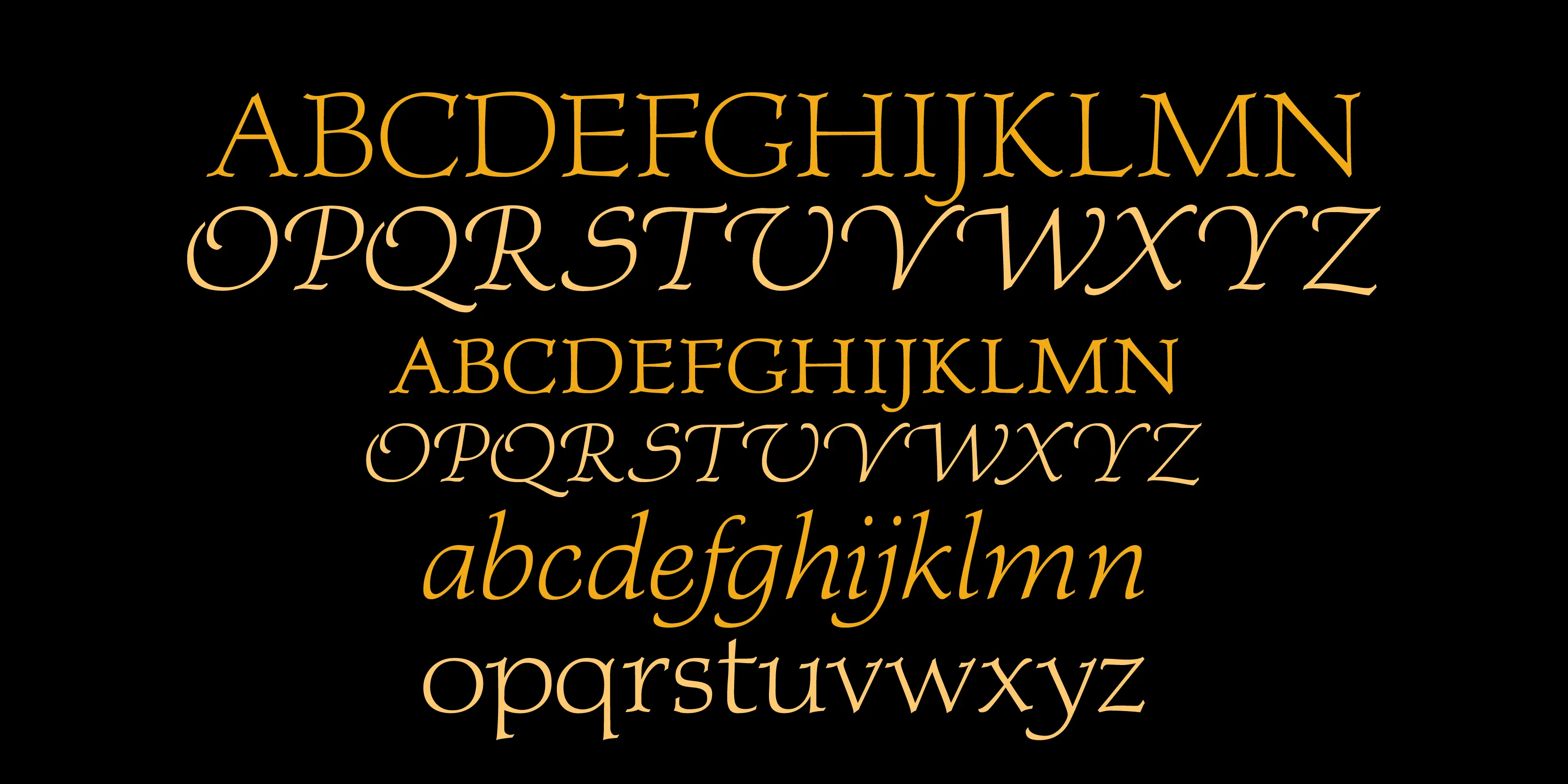 Regina font by P22 Type Foundry — the alphabet from A to Z in uppercase and lowercase, displayed in orange and light yellow serif and italic swash lettering on a black background