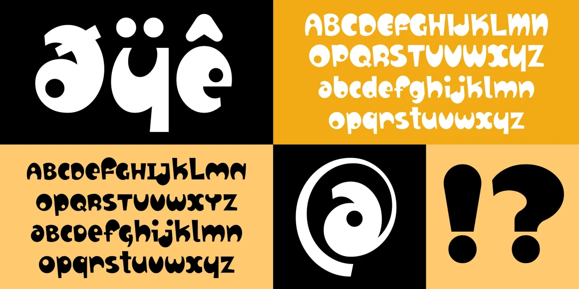 Relax font by P22 Type Foundry — a grid of five panels in black, yellow, and light orange, featuring the letters a-umlaut, y-umlaut, and e-circumflex, two full alphabets in a playful, chunky sans-serif style, an at sign, and an exclamation mark next to a question mark