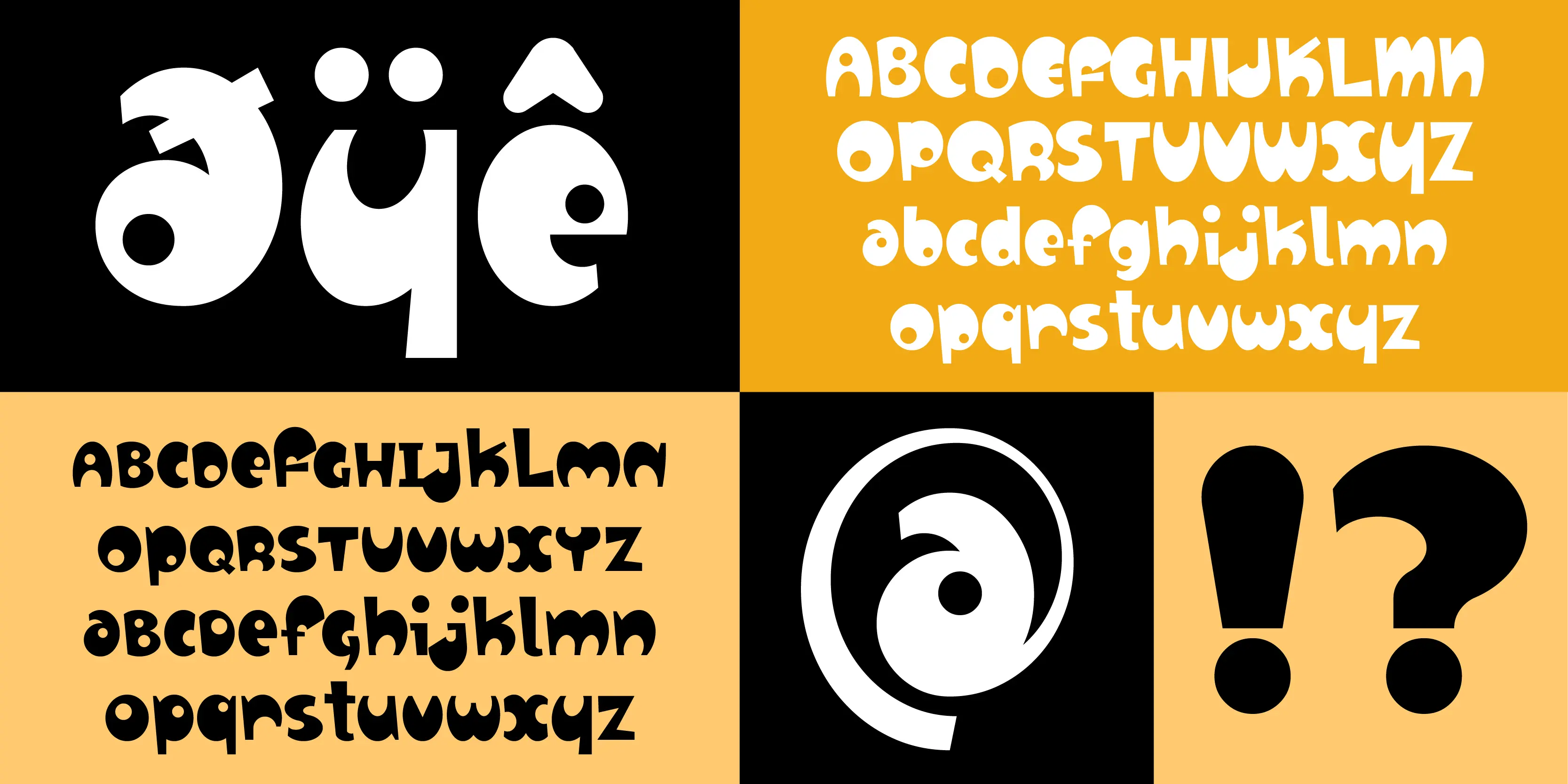 Relax font by P22 Type Foundry — a grid of five panels in black, yellow, and light orange, featuring the letters a-umlaut, y-umlaut, and e-circumflex, two full alphabets in a playful, chunky sans-serif style, an at sign, and an exclamation mark next to a question mark