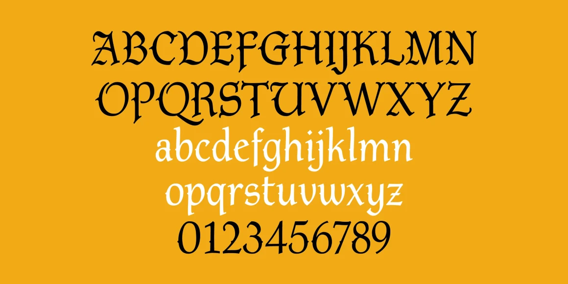 Ridley font by P22 Type Foundry — the uppercase alphabet in black, the lowercase alphabet in white, and the numerals 0 through 9 in black, all set in a decorative medieval typeface on a solid yellow background