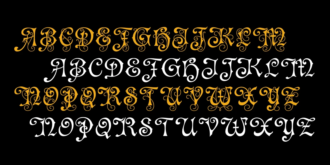 Ringwell font by P22 Type Foundry — the uppercase alphabet from A to Z in a highly decorative Victorian style, shown in alternating rows of orange letters with ornate filigree and white letters with simpler flourishes on a black background