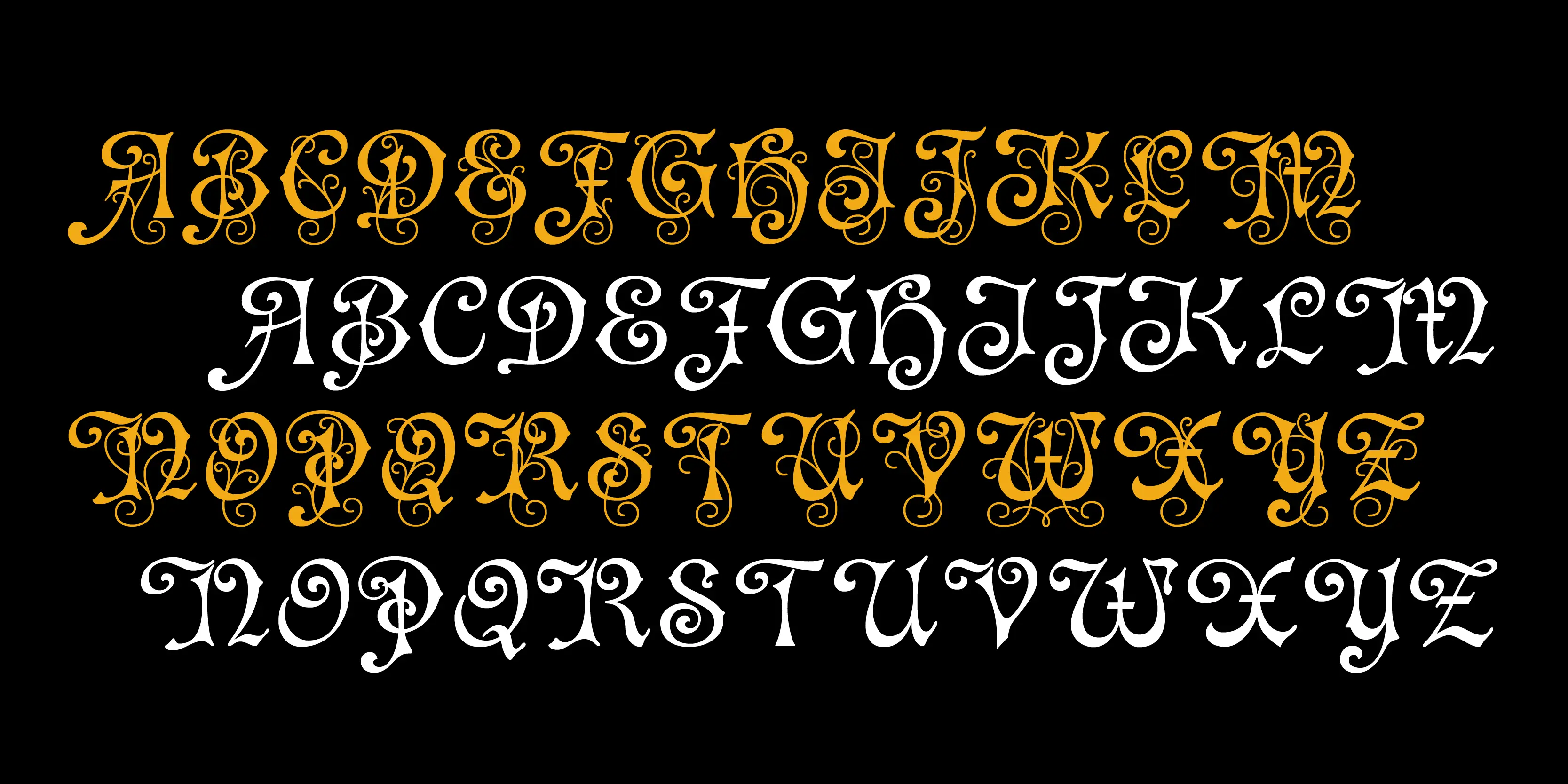Ringwell font by P22 Type Foundry — the uppercase alphabet from A to Z in a highly decorative Victorian style, shown in alternating rows of orange letters with ornate filigree and white letters with simpler flourishes on a black background
