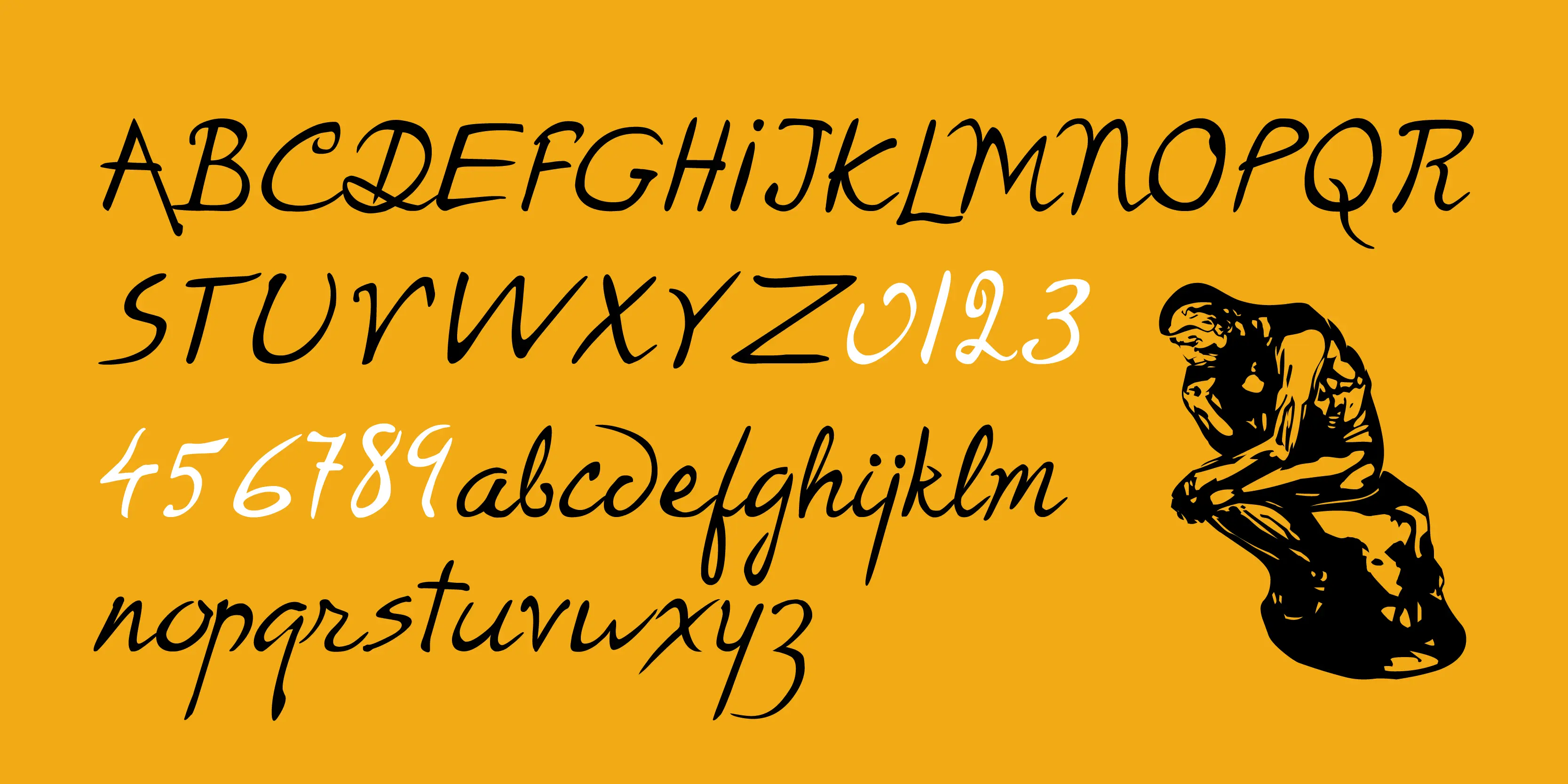 Rodin font by P22 Type Foundry — the uppercase and lowercase Latin alphabet in a black, expressive script, the numbers zero through nine in white, and a black illustration of Rodin’s The Thinker sculpture on a yellow background