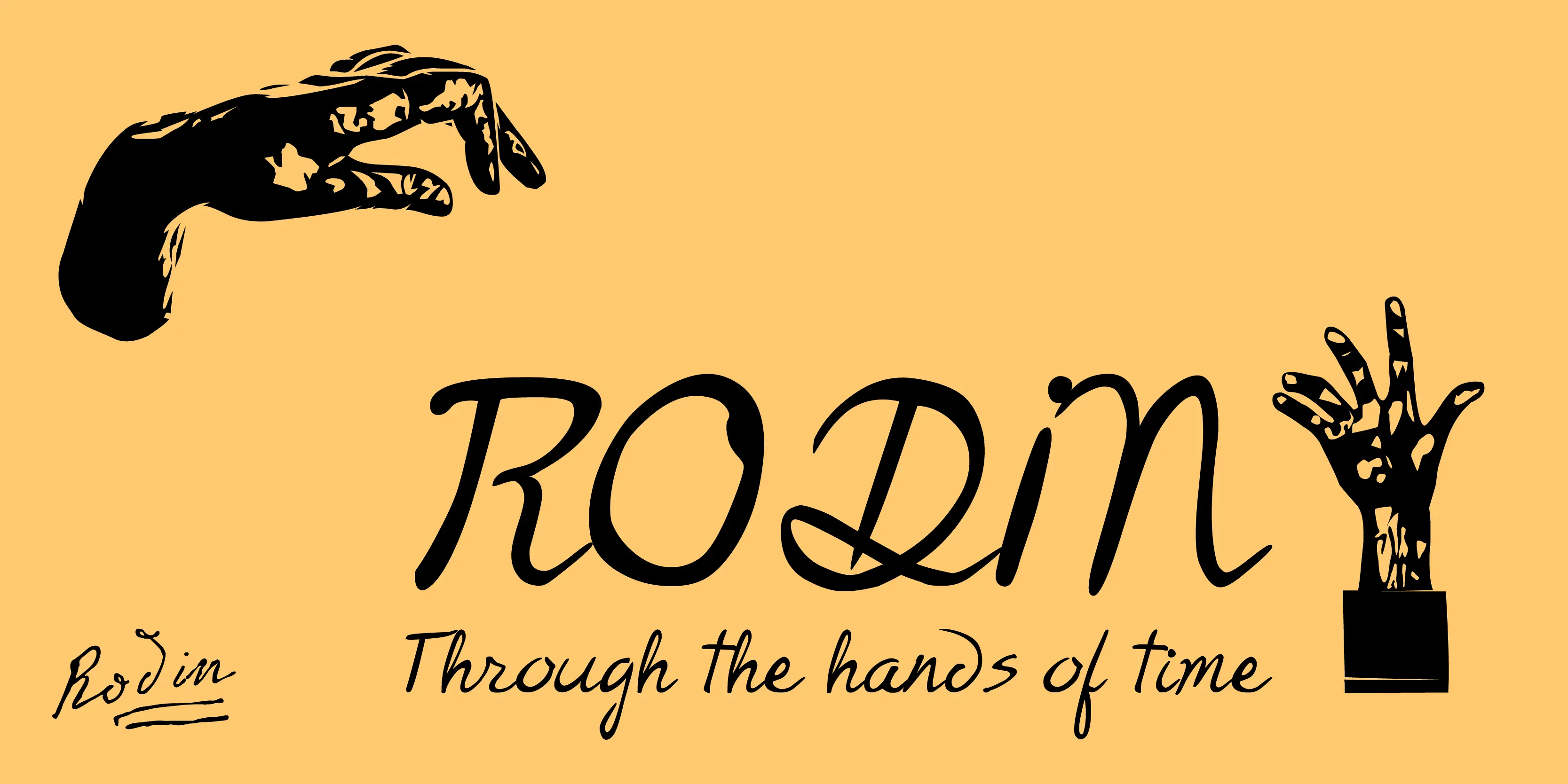 Rodin font by P22 Type Foundry — the word RODIN in a stylized, expressive script font, accompanied by the phrase “Through the hands of time” and two black illustrations of sculpted hands on a light orange background