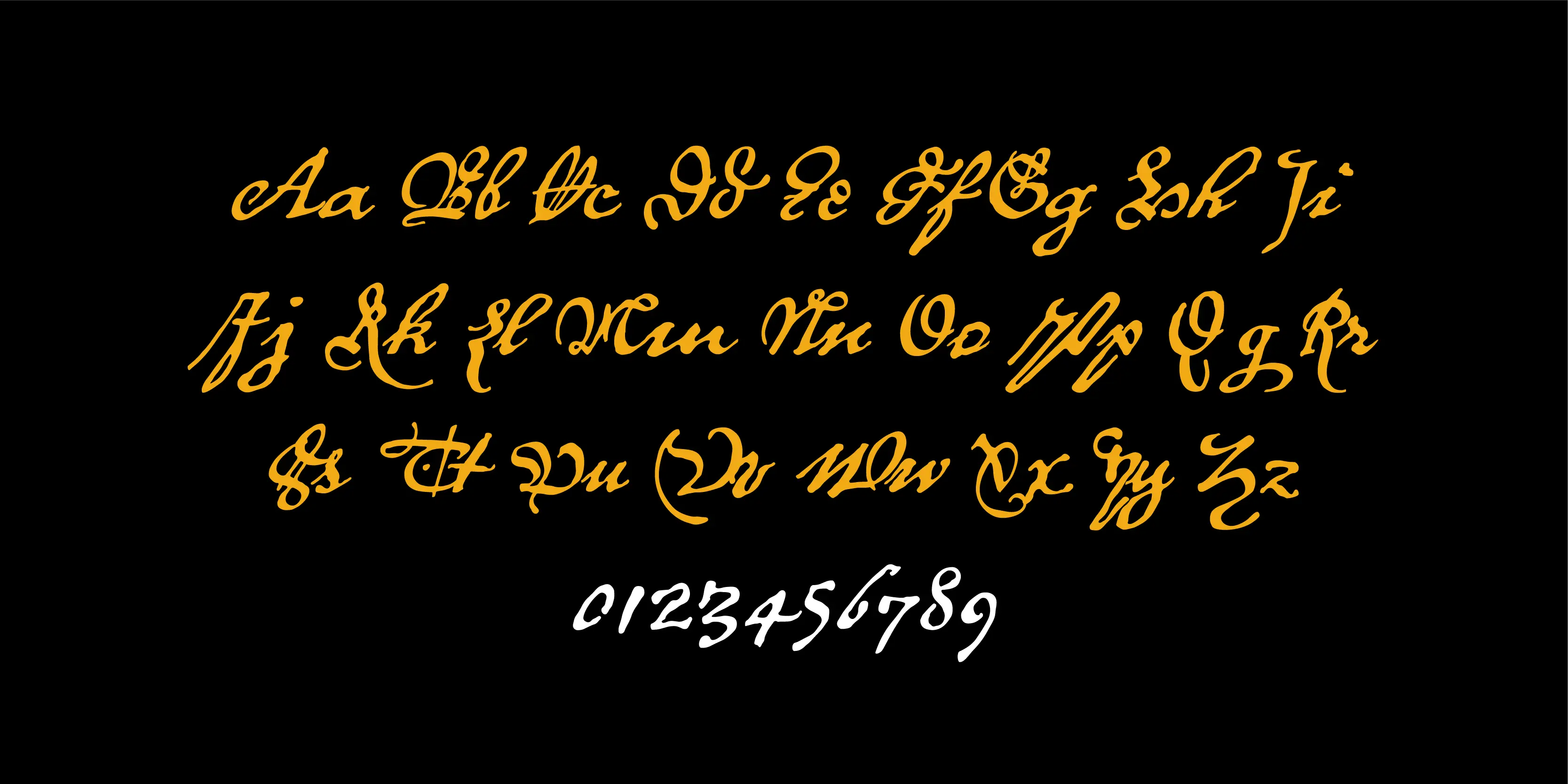 Royalist font by P22 Type Foundry — the alphabet from A to Z in uppercase and lowercase pairs in a yellow historical script style, with the numbers 0 through 9 in white below, on a black background