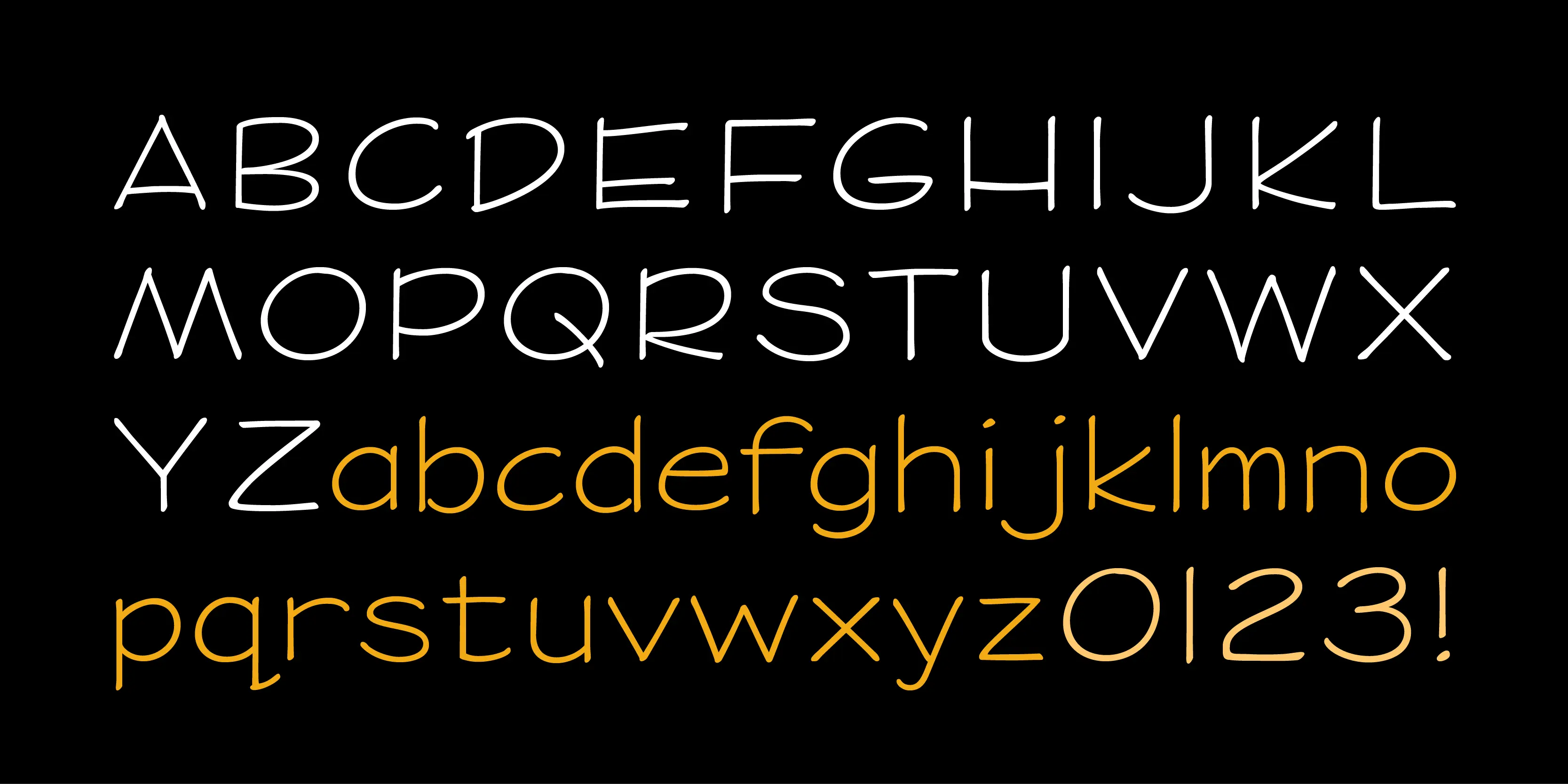 Saarinen font by P22 Type Foundry — the uppercase alphabet in white, followed by the lowercase alphabet, the numbers 0 through 3, and an exclamation point in yellow, all in a hand-drawn architectural sans-serif style on a black background