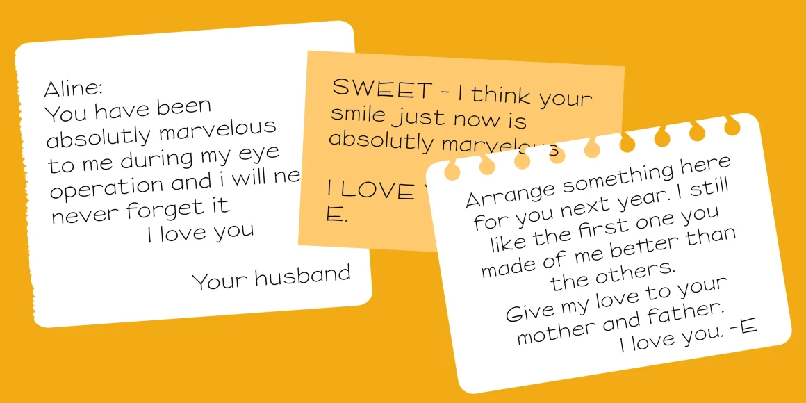 Saarinen font by P22 Type Foundry — three overlapping paper notes on a yellow background, featuring handwritten-style sans-serif text starting with Aline, SWEET, and Arrange something here