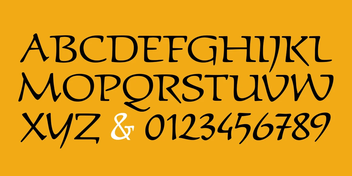 Schumann font by P22 Type Foundry — the uppercase alphabet from A to Z, excluding N, followed by a white ampersand and the numbers 0 through 9, in a black calligraphic upright script on a solid yellow background