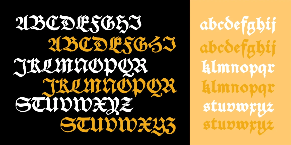 SchwarzKopf font by P22 Type Foundry — the letters of the alphabet in a distressed Schwabacher blackletter style, with white and orange uppercase letters on a black background on the left, and white and orange lowercase letters on a light orange background on the right