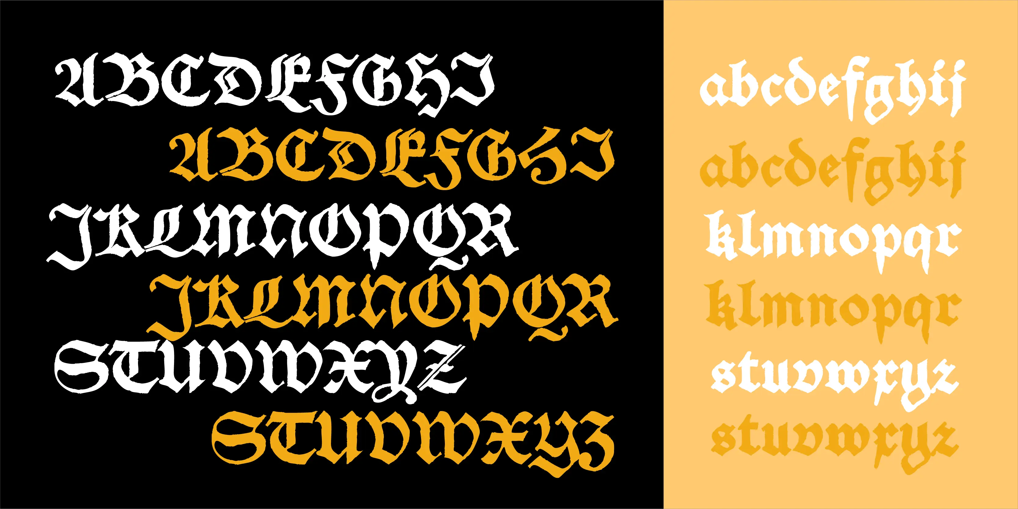 SchwarzKopf font by P22 Type Foundry — the letters of the alphabet in a distressed Schwabacher blackletter style, with white and orange uppercase letters on a black background on the left, and white and orange lowercase letters on a light orange background on the right